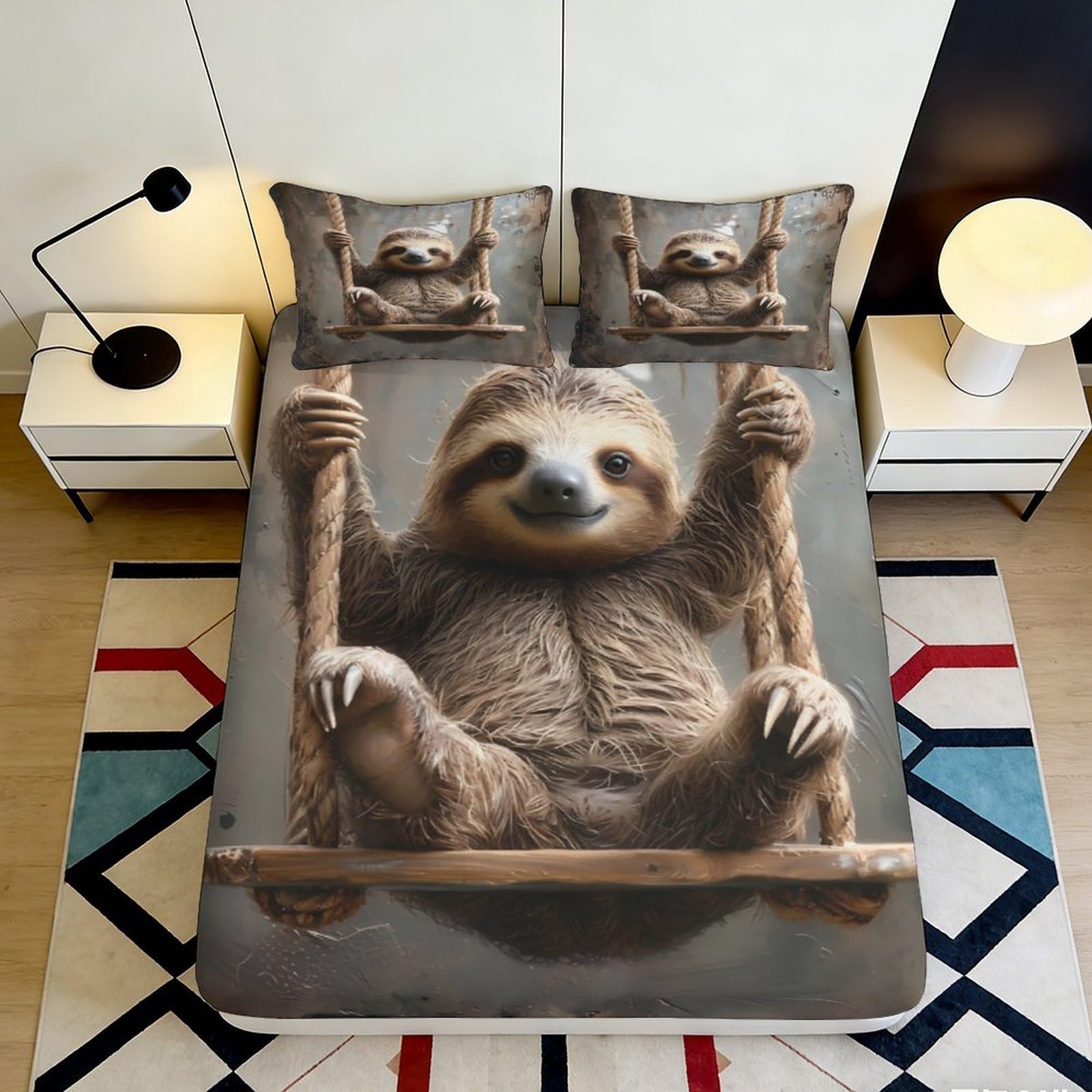 3D Printed Sloth Swing Fitted Sheet Microfiber Soft Durable 3D Printed Sloth Swing Mattress Cover for Bedroom Dormitory Guest Room Mattress Protection 140x200x25cm