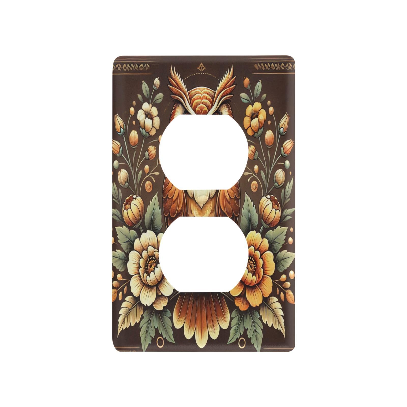 Floral Owl Brown Light Switch Cover Decorative Receptacle Outlet Wall Plate Guard Plastic Outlet Covers for Farmhouse Home Decor Livingroom (Duplex Outlets Cover)