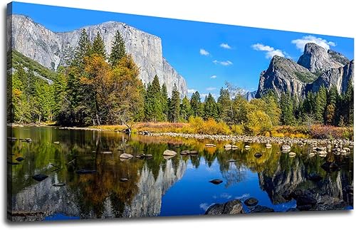 Lienzo grande para pared, paisaje de montaña y lago, arte en lienzo sobre el parque nacional de Yosemite, bosque verde, lago azul, agua, arte