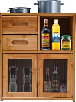 Bamboo Countertop Storage Cabinet with Doors and Drawers, Kitchen Pantry Sideboard Freestanding Utility Cupboard Countertop Cabinet Organizer for Kitchen, Living Room and Dinning Bedroom