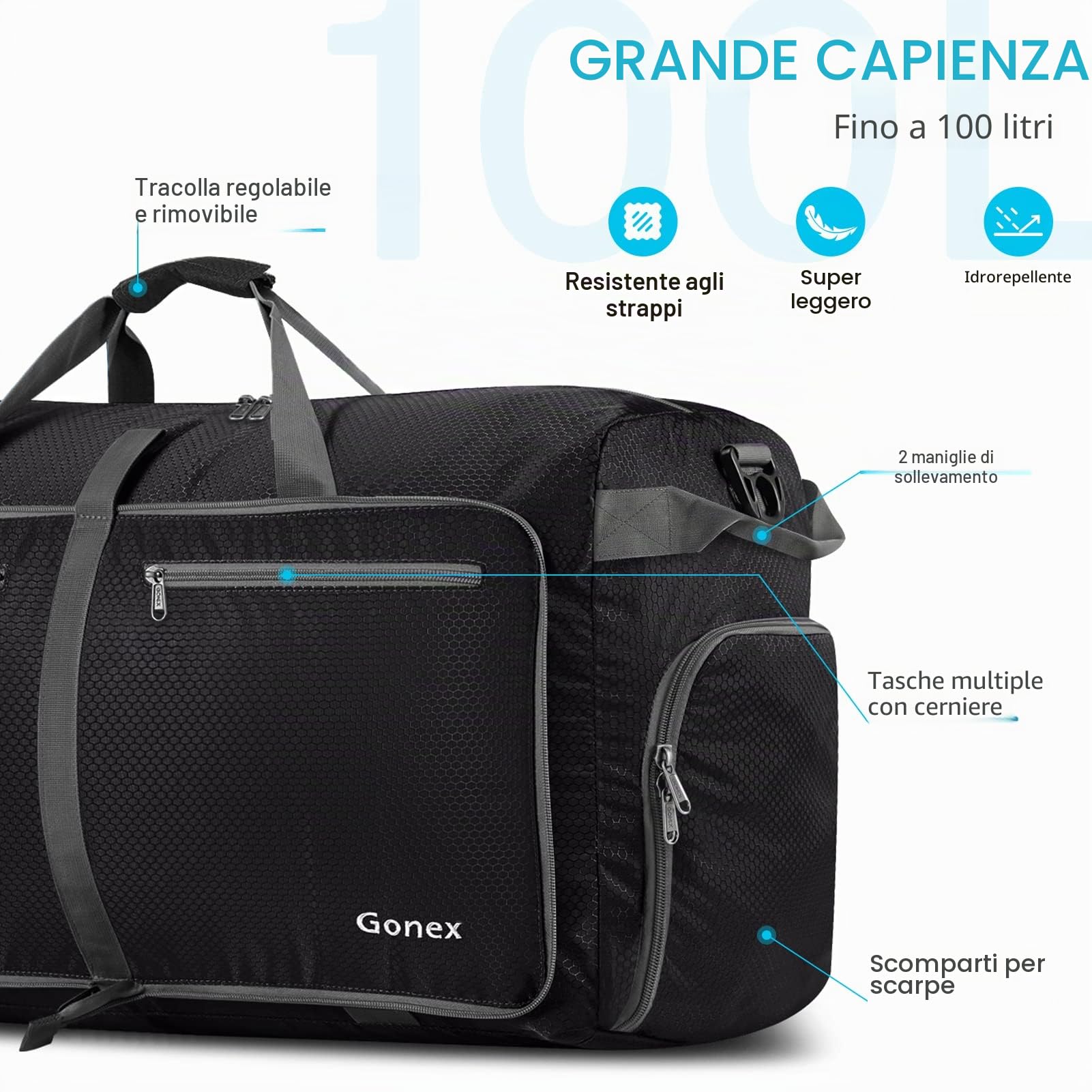 Gonex, borsone da viaggio o sportivo, leggero e pieghevole, nero, 100 litri