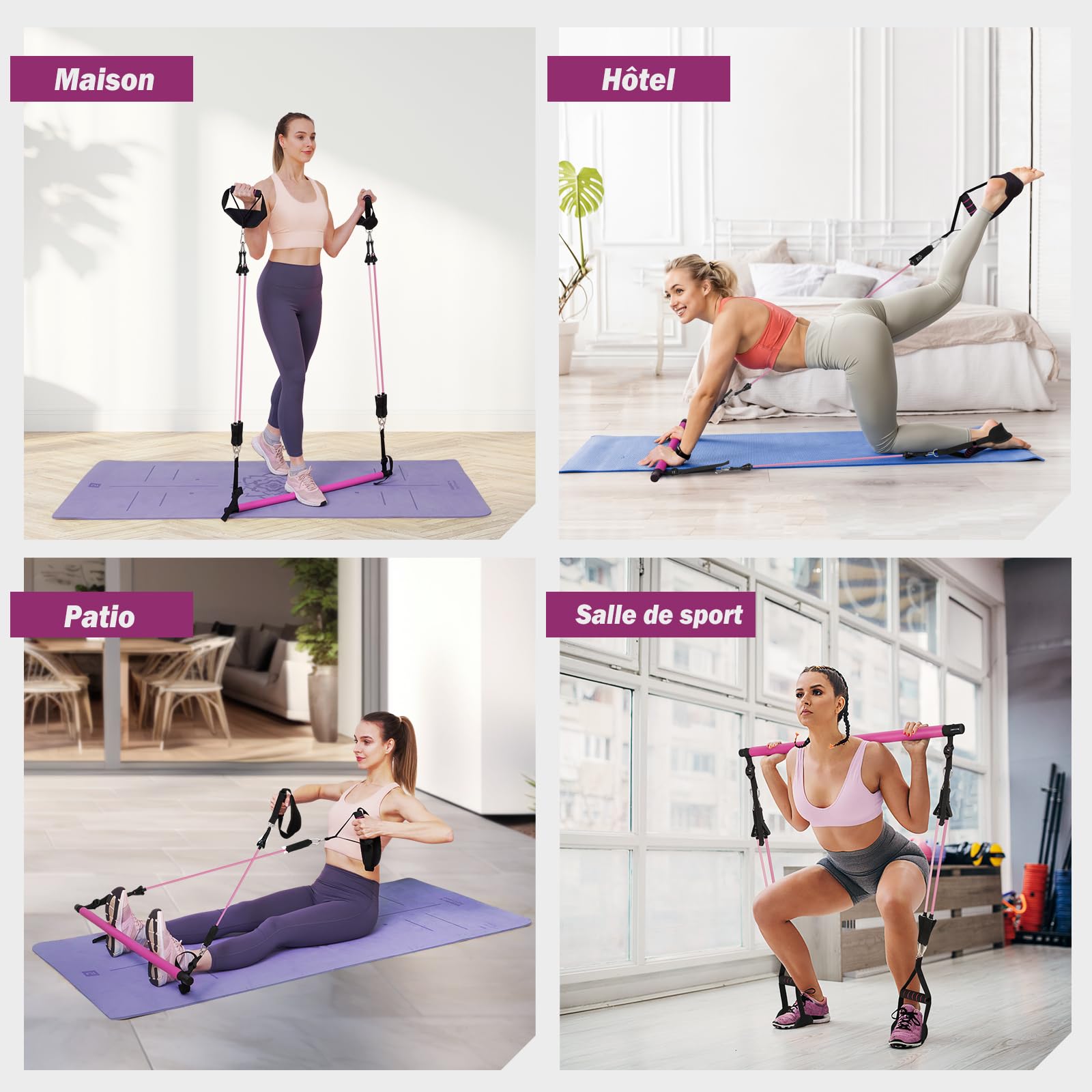 ALongSong Elastiques Musculation Sport Maison - Kit Barre de Pilates pour Homme Femme avec 4 Bandes de Résistance Élastique 20-140Lbs & Minuteur pour Complet Entraînement Yoga/Musculation
