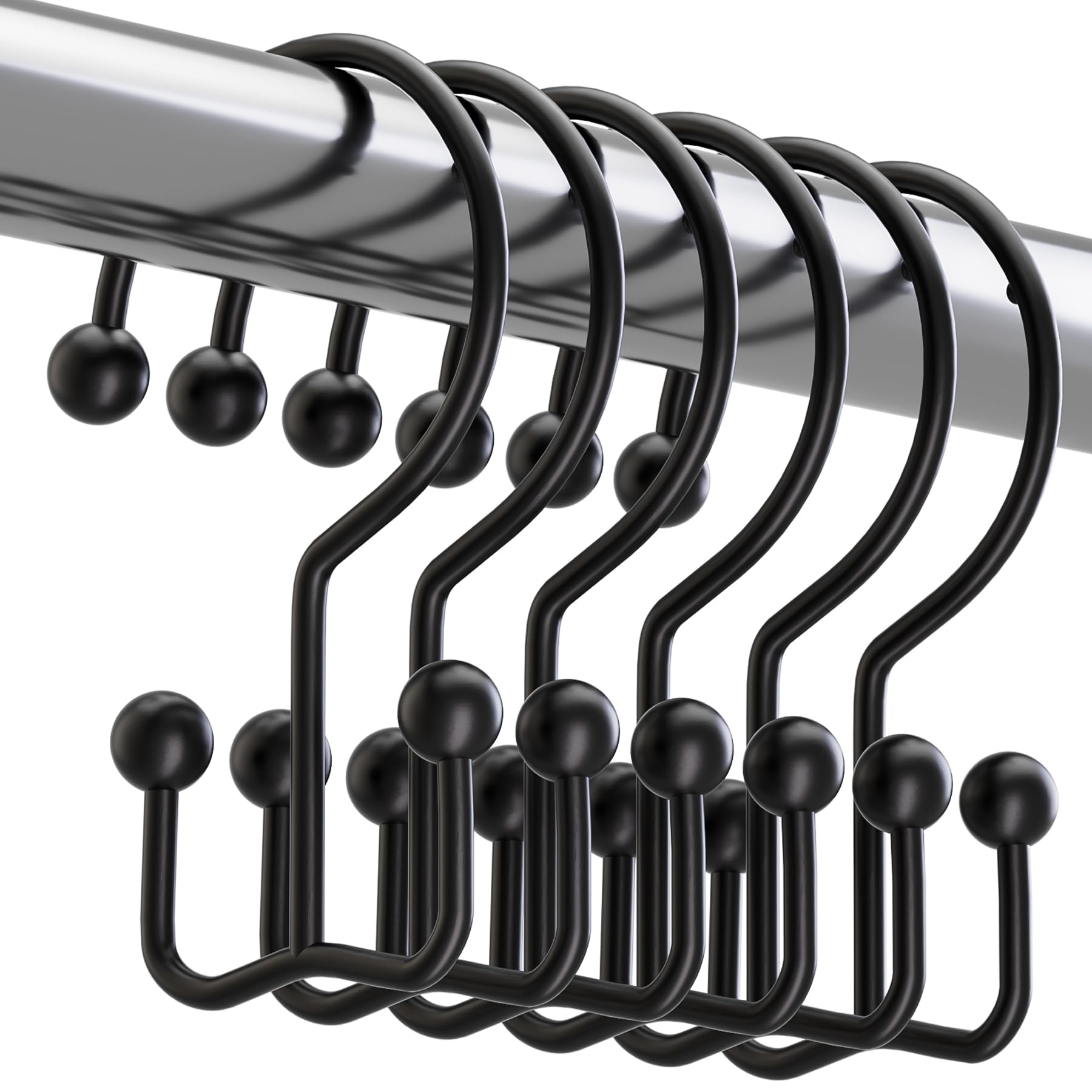 Titanker Shower Curtain Hooks Black, Minimalist Simple Double Glide Shower Curtain Rings, Rust Proof Metal Shower Hooks Rings for Bathroom Shower Rods Curtains, Set of 12 Hooks