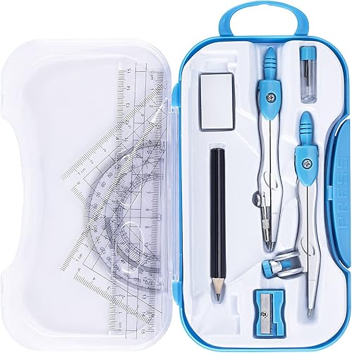 Miniatura 9 de Kit de geometría matemática de 10 piezas con caja de almacenamiento inastillable, suministros para estudiantes, brújula de dibujo incluye
