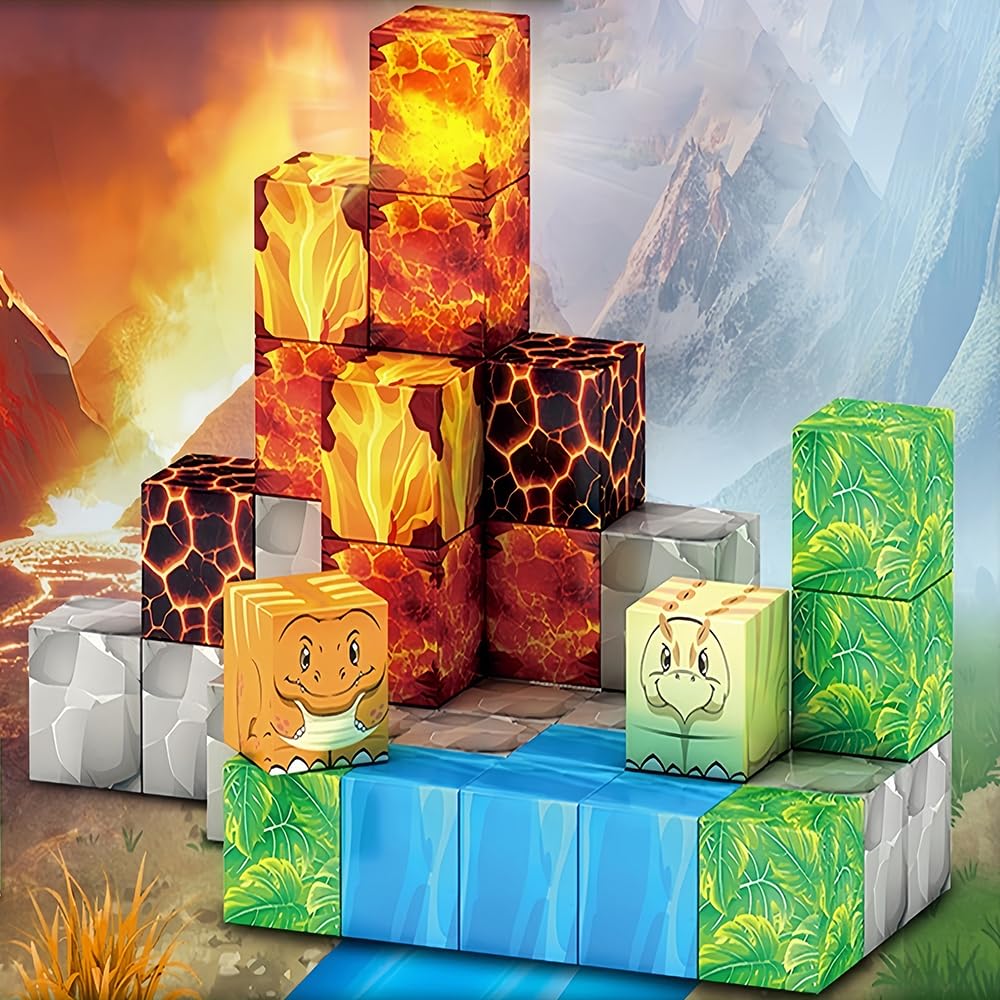 Magnetic Mine Building-Blocks World Dinosaur Toys, Magnet Montessori Holiday Building Set Cubes, Christmas 24 Days Countdown Stocking Stuffers for Boys & Girls Ages 4-8