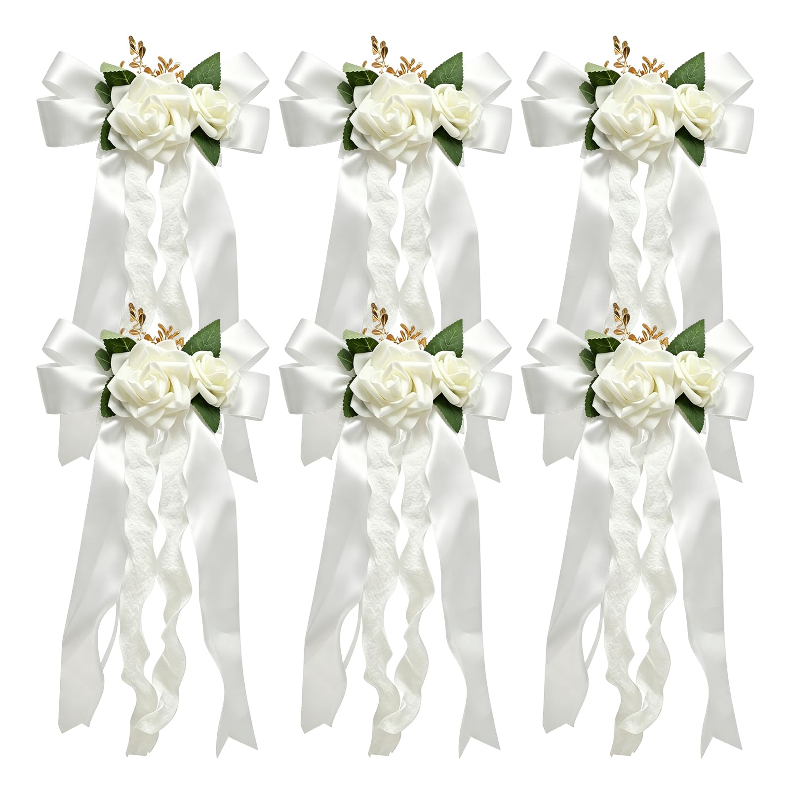 MospdyGear 6 PCS Wedding Car Door Handle Decorations, Elegant White Artificial Flowers with Satin Ribbons, Ideal Automotive Accessories for Just Married Vehicles
