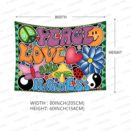 Vista 4 de F-FUN SOUL Tapiz de paz amor y felicidad, tapices geniales de 80 x 60 pulgadas, tapices temáticos de los años 70, tapiz estético hippie para colgar