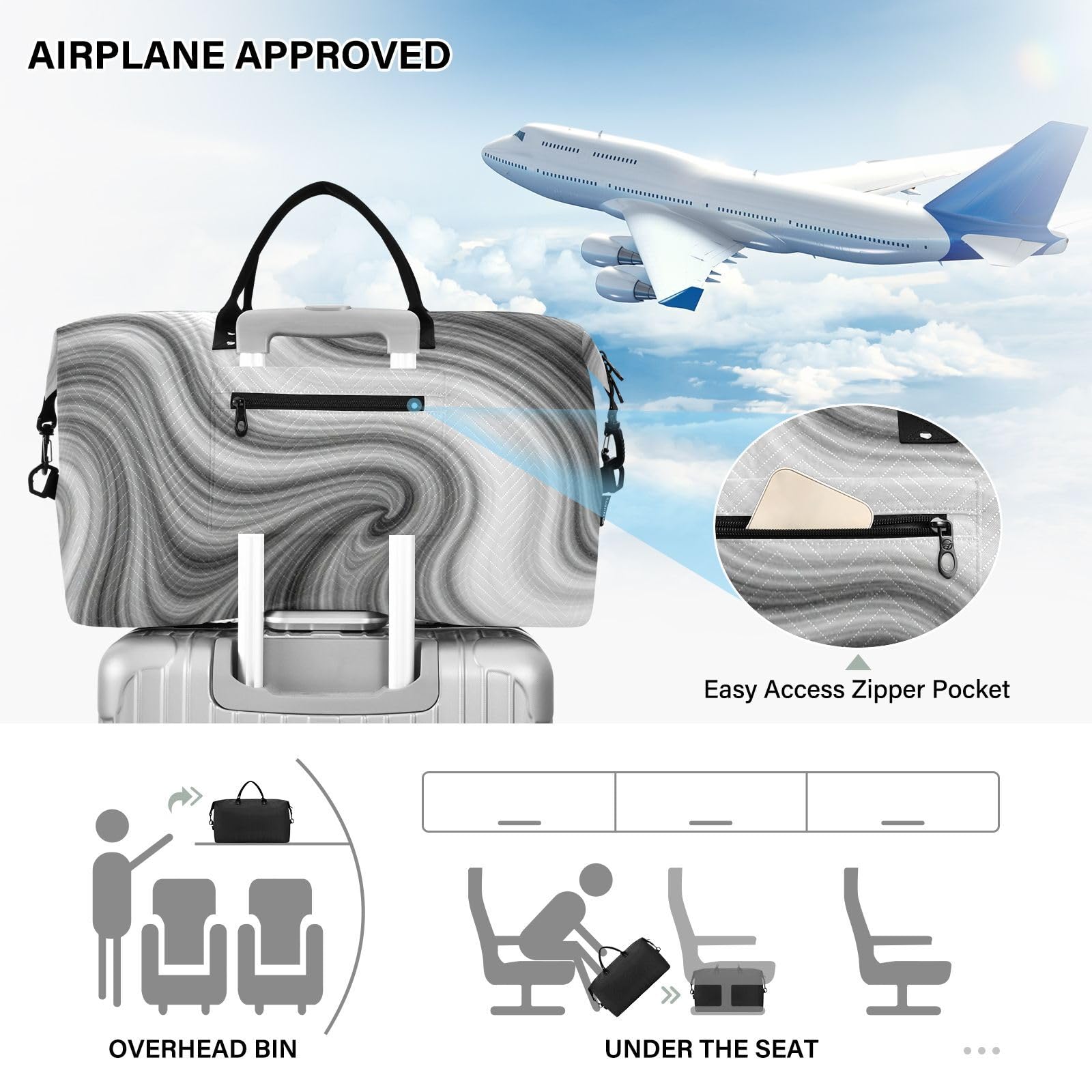 Handgepäck-Set, Doppeltaschen-Set, voller Druck, mehrere Taschen, praktisch, Urlaub, Reisen, Silberner Marmor, One Size, Klassisch