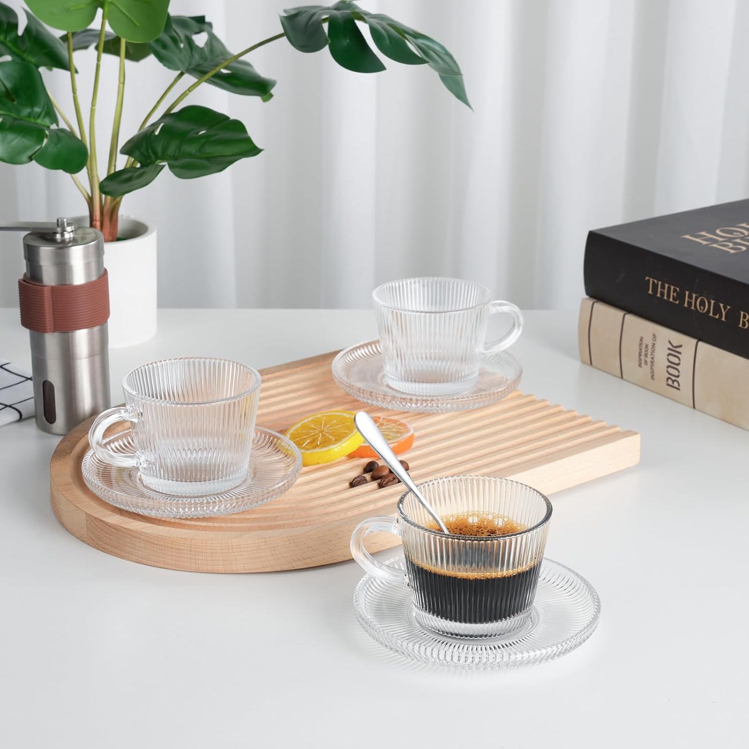 Glass Espresso Shot Cups with Saucers Set of 6, Clear Small Demitasse Cup with Stainless Steel Spoons, Dishwasher Safe Coffee Mugs for Tea Hot Chocolate Cappuccino, 5OZ/150ML, Stripe