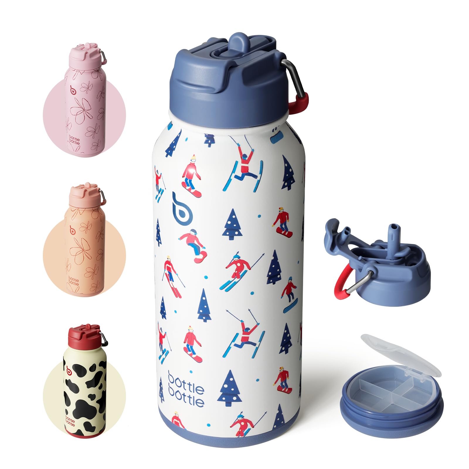 bottlebottle BOTTLE BOTTLE Edelstahl Trinkflasche 1L mit Strohhalm – Auslaufsichere Isolierflasche für Sport & Fitnessstudio, mit Pillenfach, BPA-frei, doppelwandig (Skifahren)