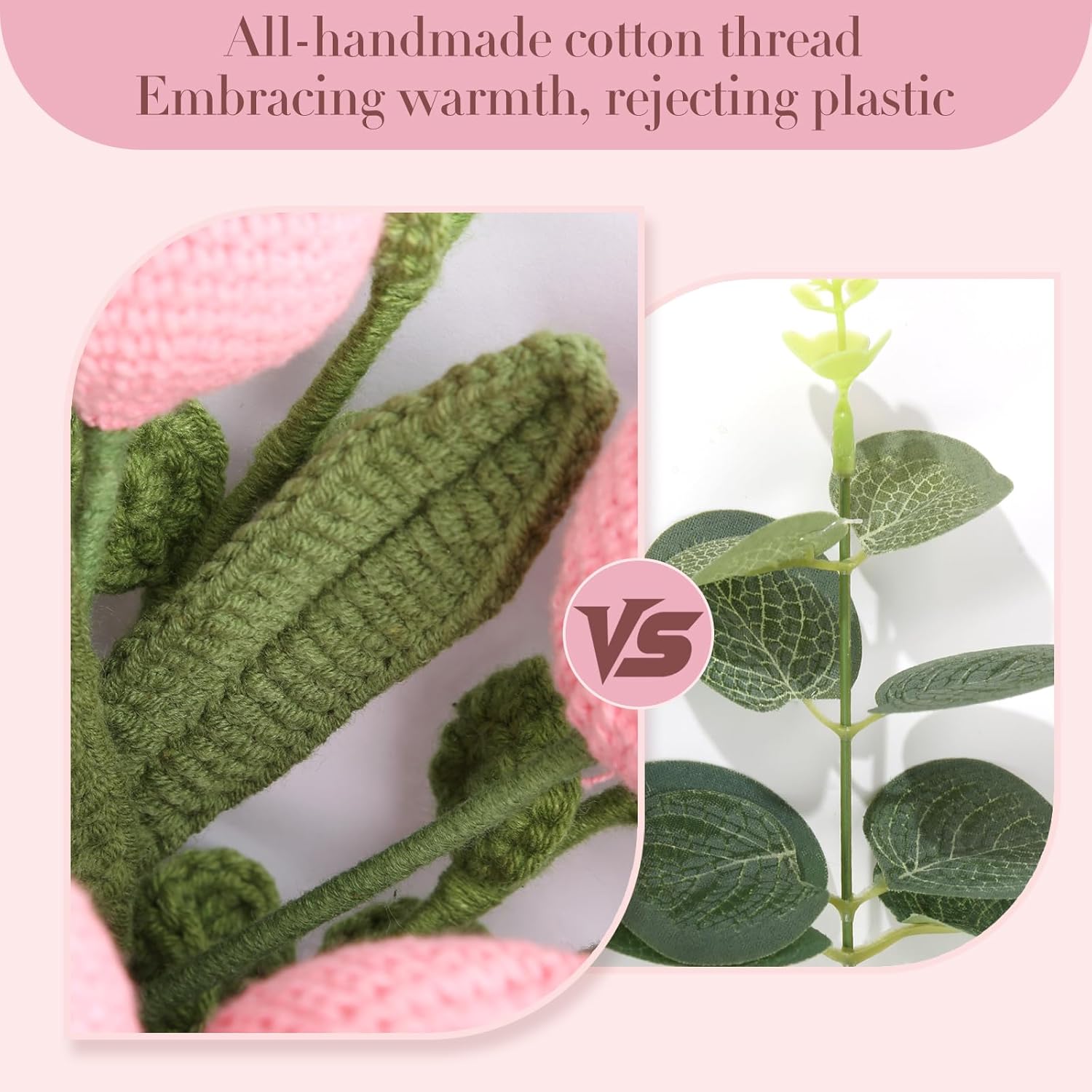 Handmade Crochet Pink Tulip Bouquet, Finished Hand-Knitted Eternal Tulip Flowers, Romantic Artificial Floral Arrangement with Gift Wrap for Valentine's Day, Mother's Day, Graduation (Pink)