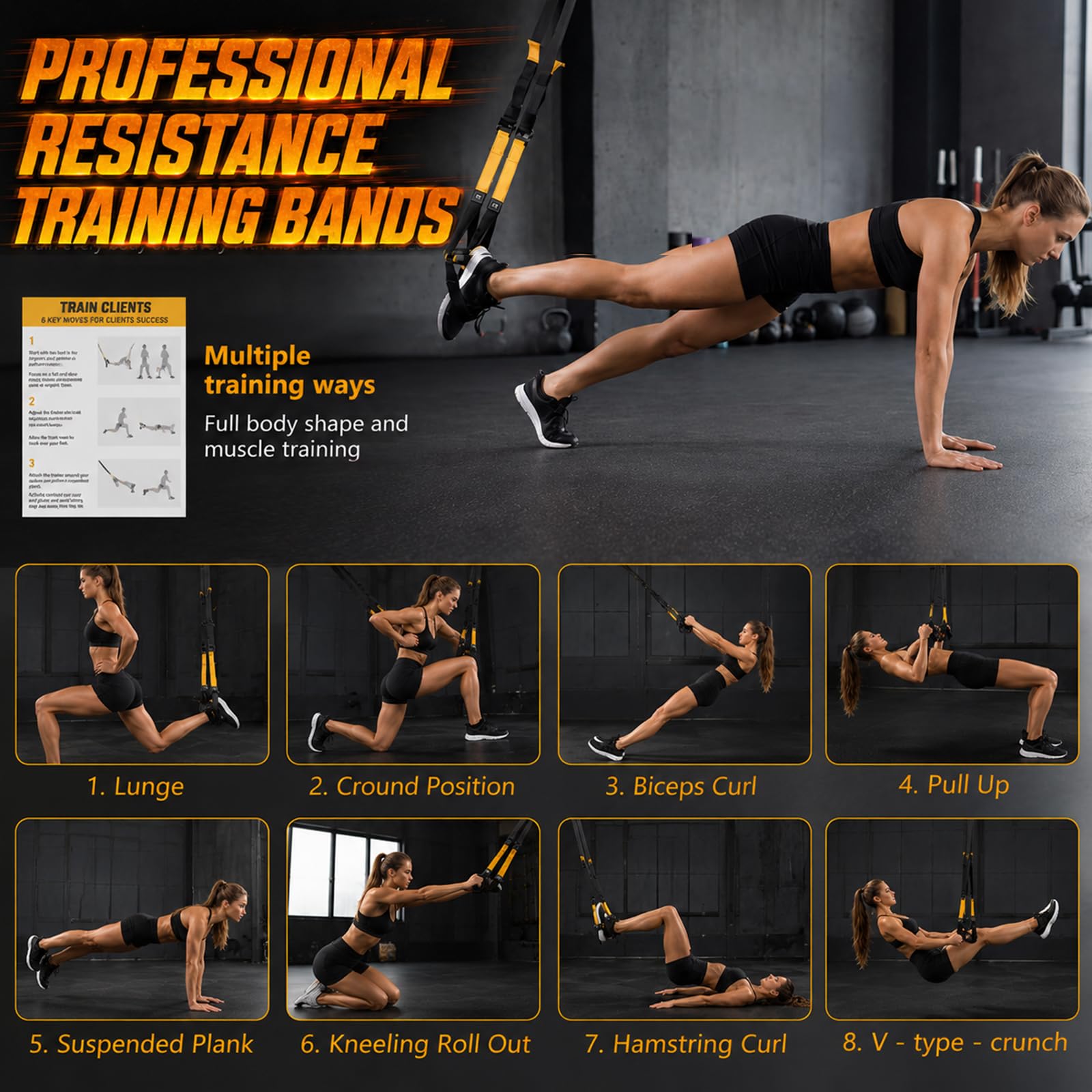 Kit Sling Trainer Multifunzione con Ancoraggio Porta, Nero e Giallo
