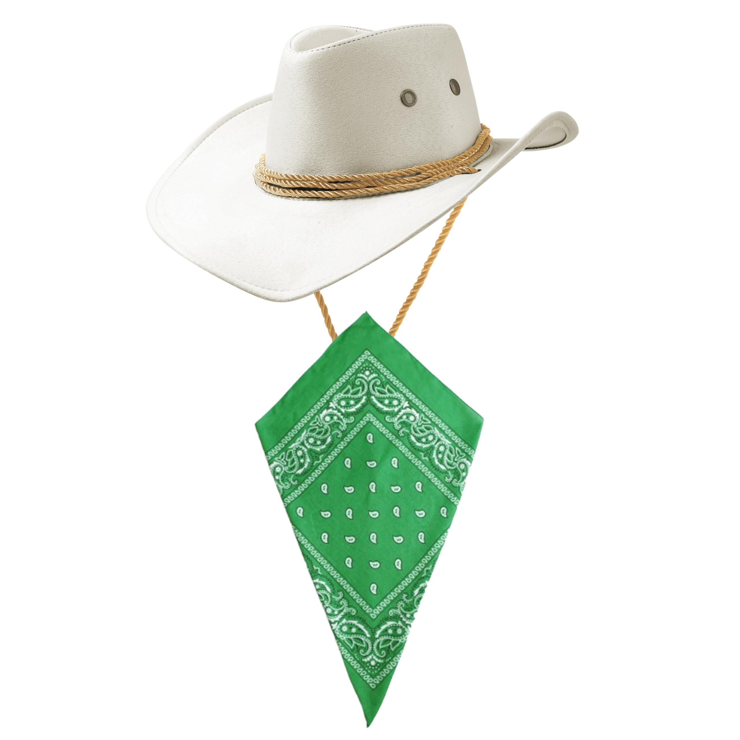 White Cowboy Hat and Green Bandana Western Sun Cap Faux Felt Leather Suede Fancy Dress Party Costume Outfit Neckscarf Protection Mens Womens โ image 1
