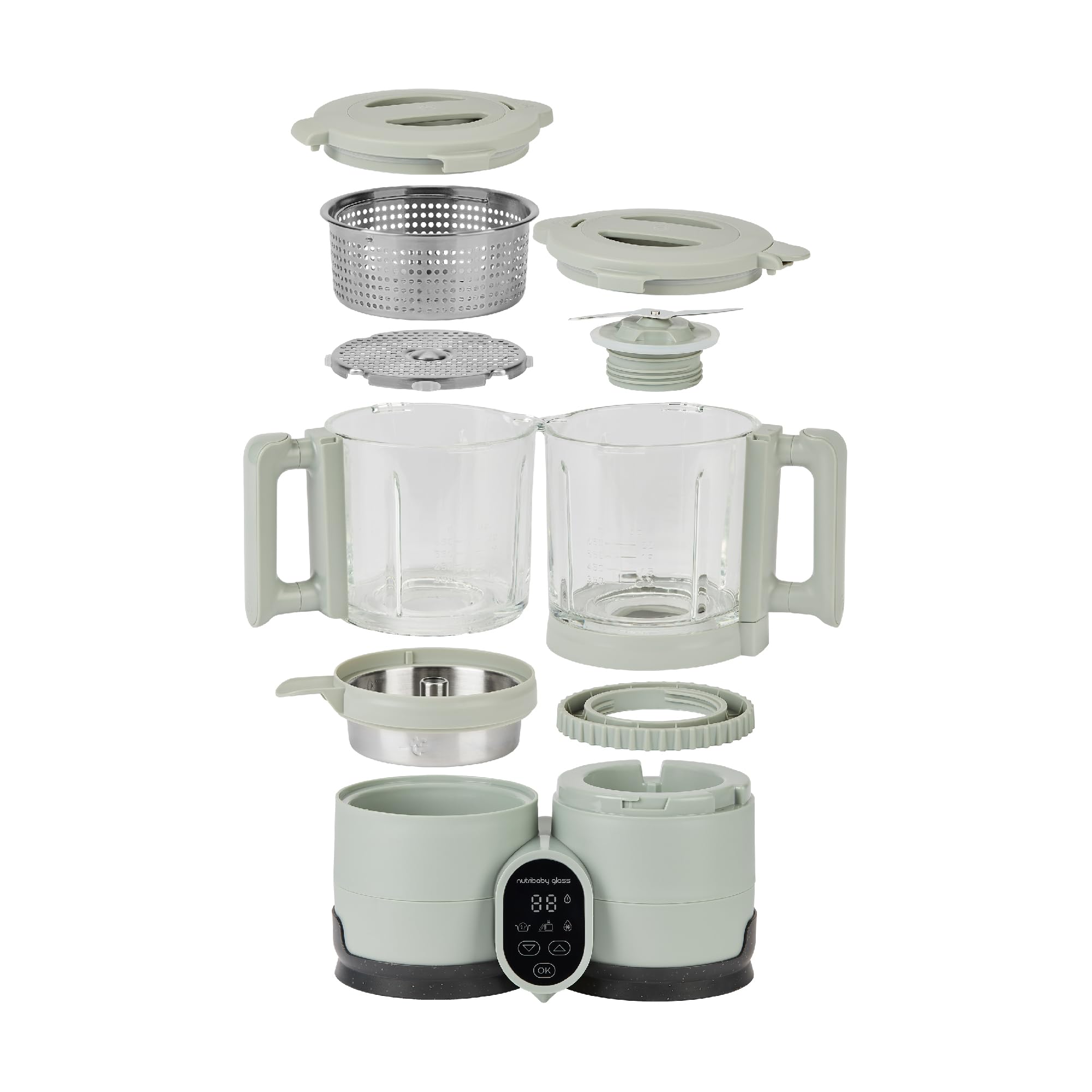 Babymoov Robot Cuiseur Bébé Nutribaby Glass - Bols en Verre - 4 en 1 Mixeur Cuiseur Vapeur, Grande Contenance 1,9L, Cuisson Saine des Aliments, Vert Celadon