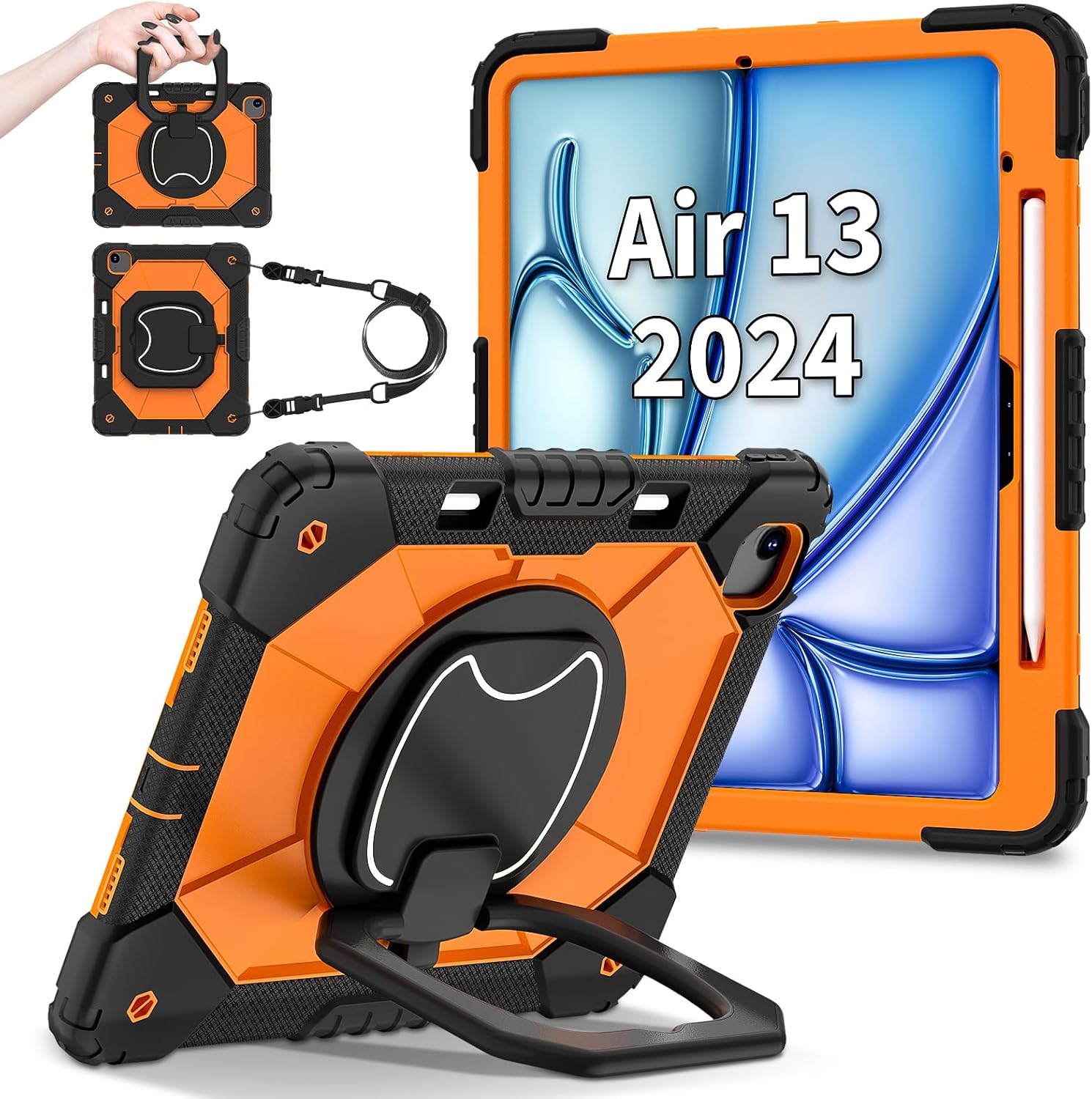 for iPad Air 13 Inch Case M2 2024 Shoulder Strap & Pen Holder Heavy Duty Case for iPad Air 13 (Black+ Orange)