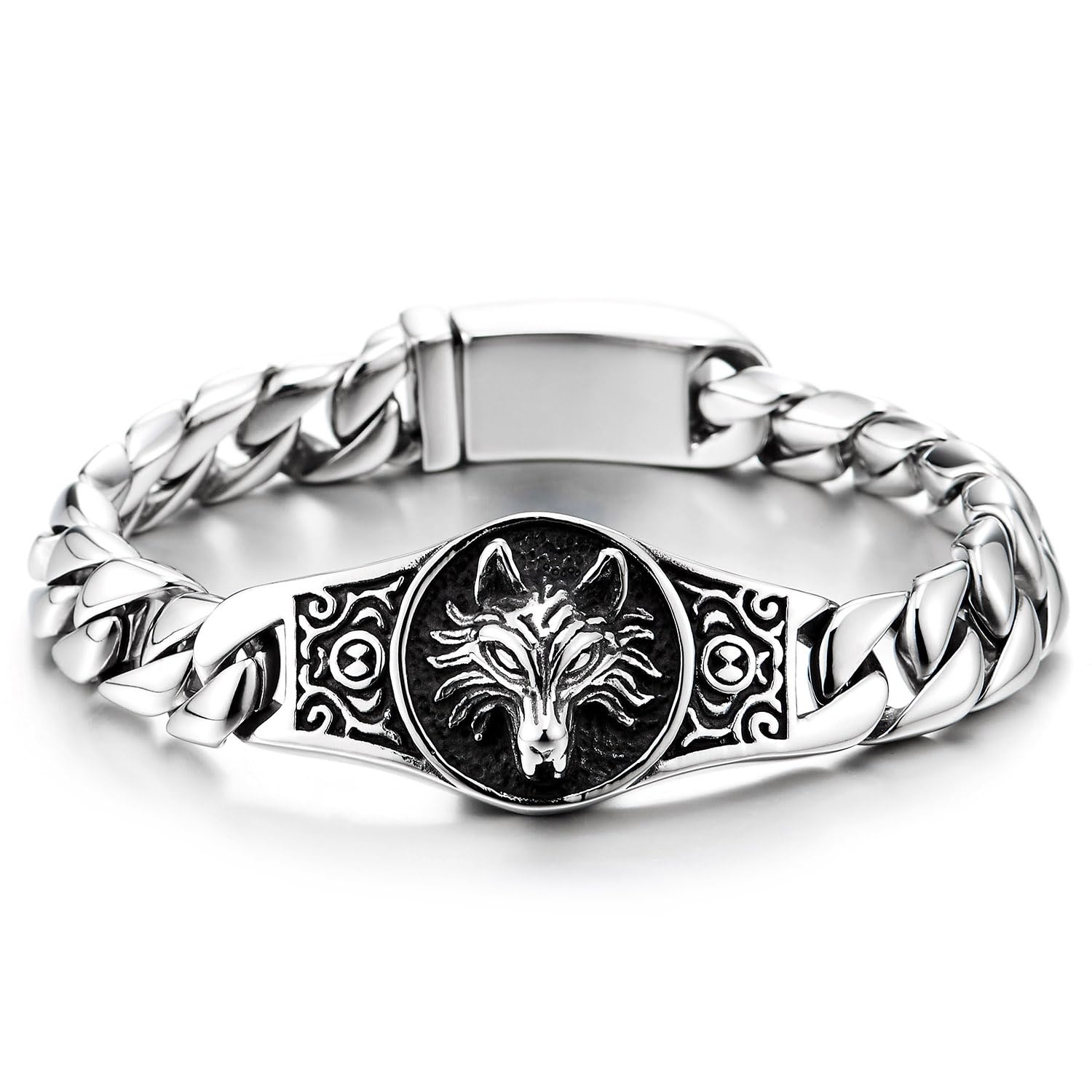 COOLSTEELANDBEYOND Pulsera Medallón Cabeza de Lobo en Acero Inoxidable para Hombre, Joyería Totem Vikinga Nórdica Resistente, Cadena Curb Plata Pulida