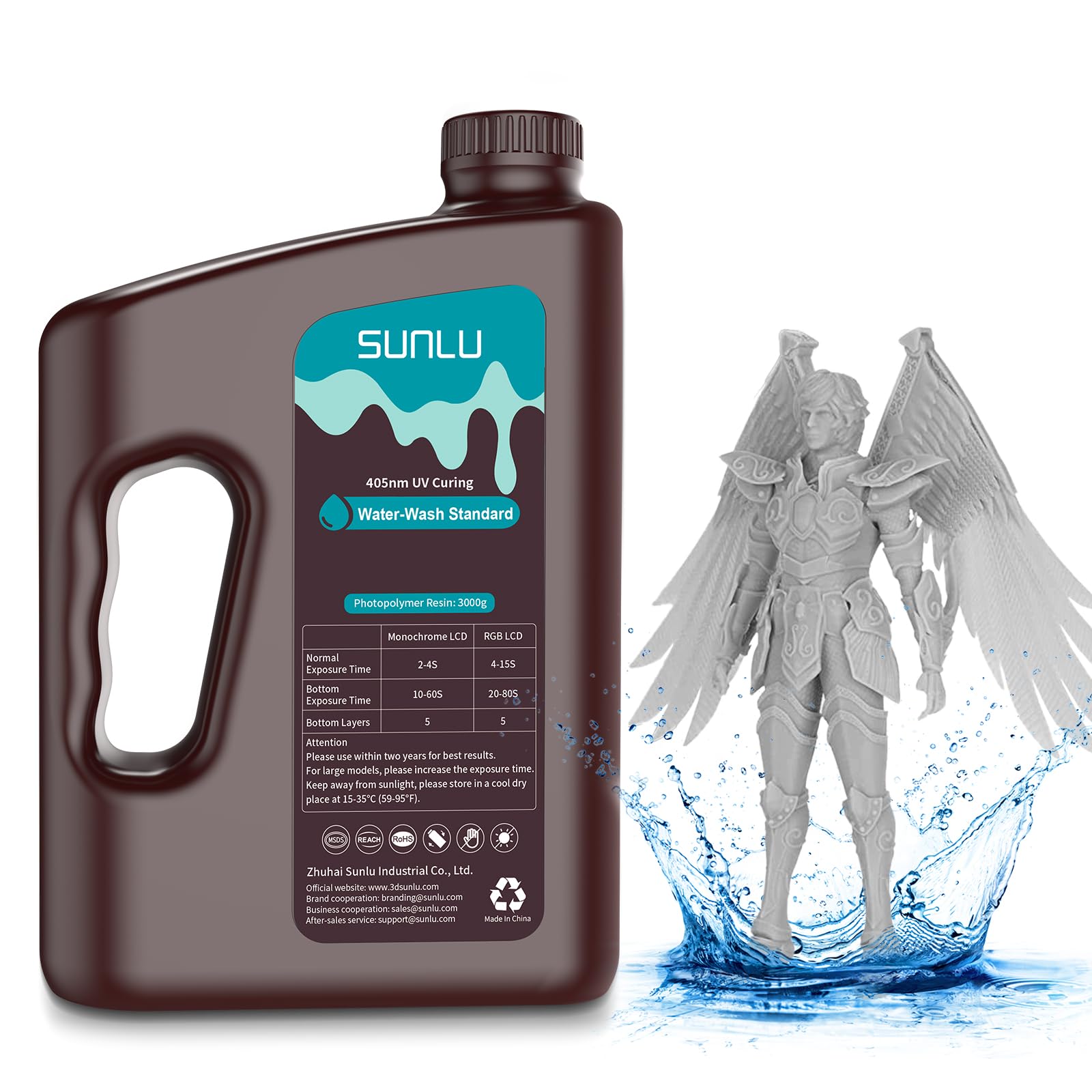 SUNLU Resina Lavabile in Acqua per Stampanti 3D 3KG, Resina UV 405nm per Stampa 3D Resina Fotopolimerica Standard per Stampanti 3D a 4/6/8K LCD DLP SLA, Alta Precisione, Basso Odore,Grigio 3000g