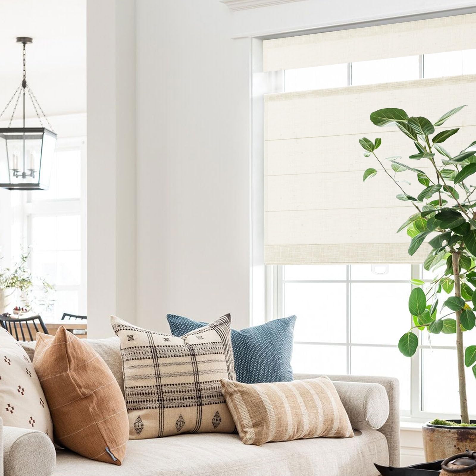 TWOPAGES Liz Top Down Bottom Up Roman Shades Cordless Custom Blinds for Indoor Windows No Risk of Falling Faux Linen Window Blinds for Living Room Bedroom Kitchen, Sand Beige