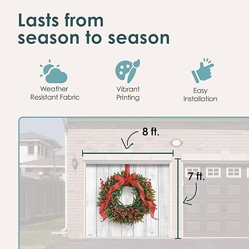 Miniatura 3 de Pancarta de corona navideña encantadora de 7' x 8' para puerta de garaje - Diseñada para moverse con la puerta | Decoración navideña conmovedora
