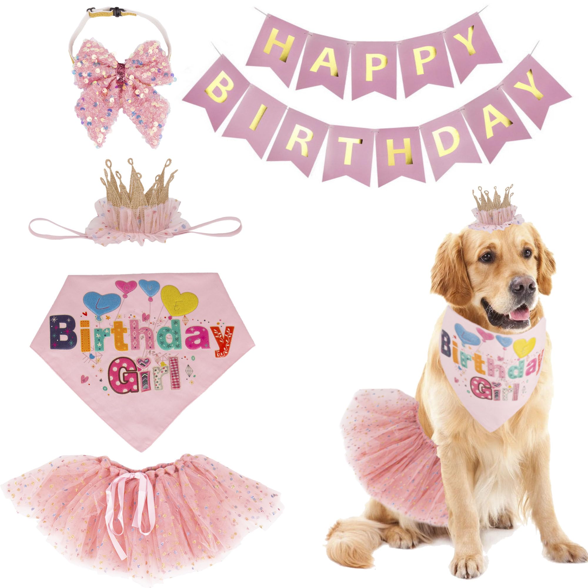 ADOGGYGO Dog Birthday Hat Bandana Girl - Pet Birthday Party Supplies - Pink Tutu Hat Scarf Bow Banner