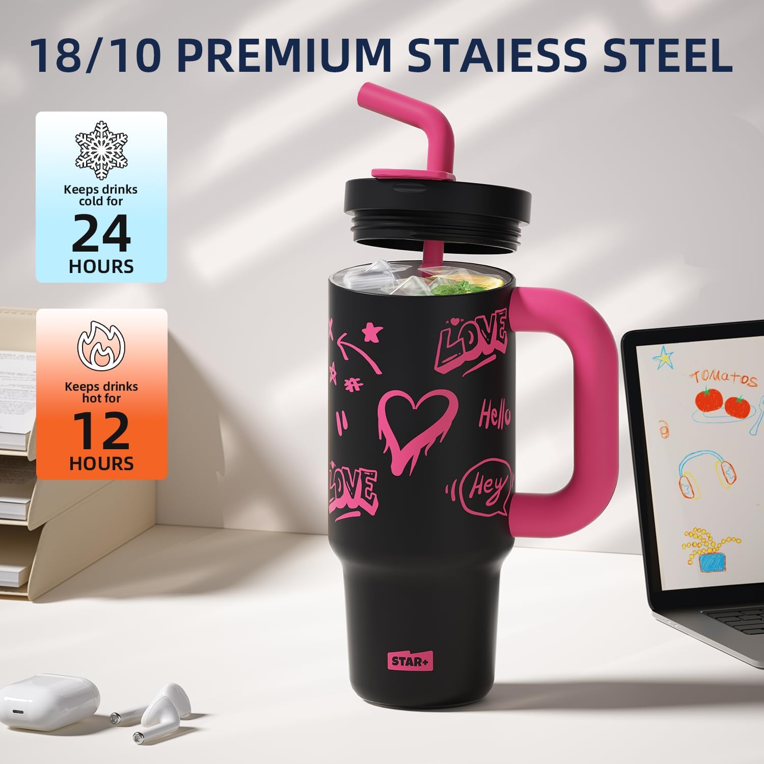 40 oz Insulated Tumbler with Lid and Straw, Stainless Steel Travel Coffee Mug Spill Proof, Metal Water Bottle with Straw, Resuable Iced Cup for Women, Black - Image 4