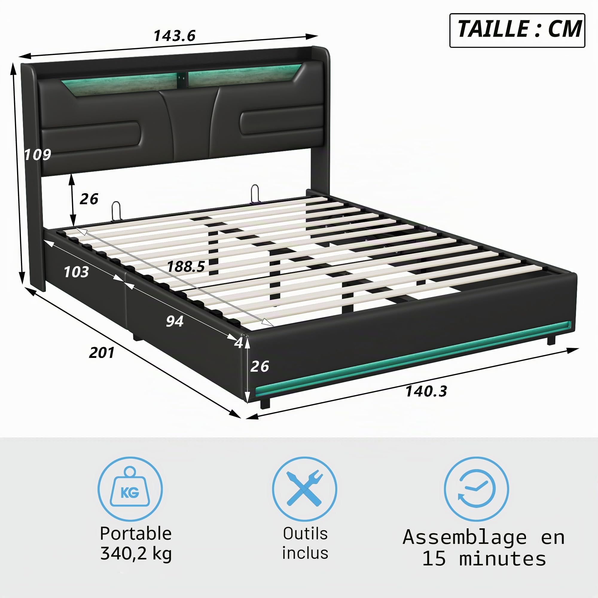 Lit Coffre 140x190 cm Moderne Tête de Lits avec Rangement,Lit 2 Personnes avec Sommier à Lattes en Bois LED et USB pour Chambre d'Adulte,PU,Noir(sans Matelas) (140x190 cm)