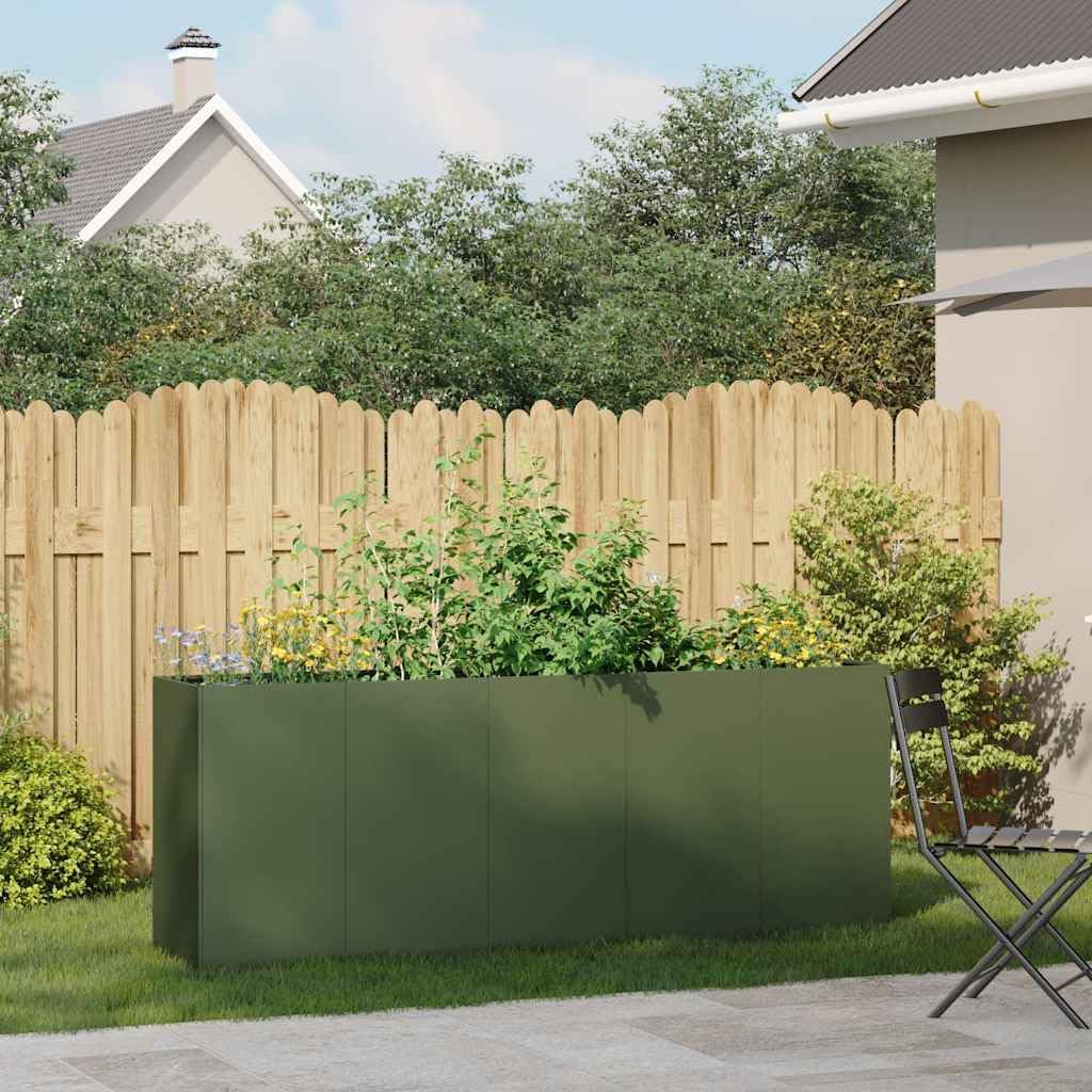 Bancal alto verde oliva 200 x 40 x 80 cm de acero laminado en frío, diseño moderno con suelo abierto para jardín, balcón o terraza, robusto y duradero