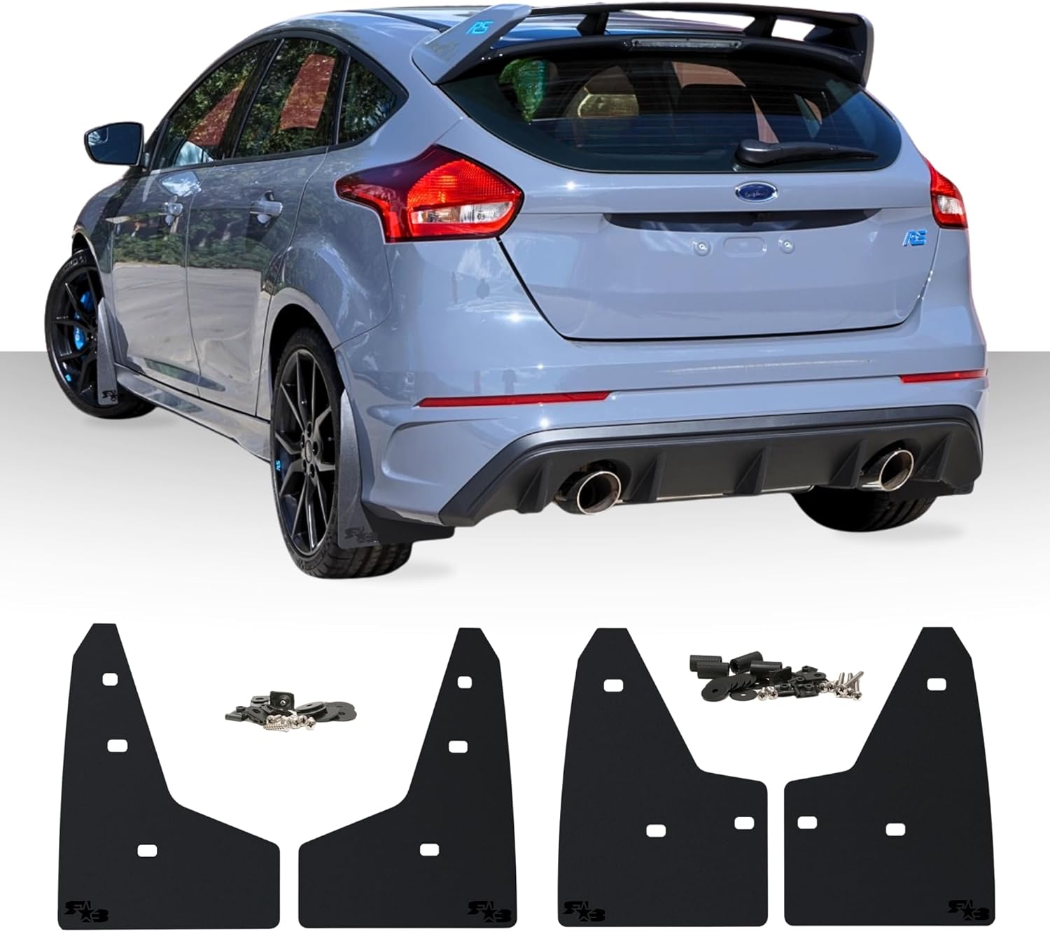 RokBlokz Mud Flaps for 2016-2018 Ford Focus RS - Set of 4 - Multiple Colors Available - Mud Guards are Custom Cut and Fit - Includes All Mounting Hardware (Black with White Logo)