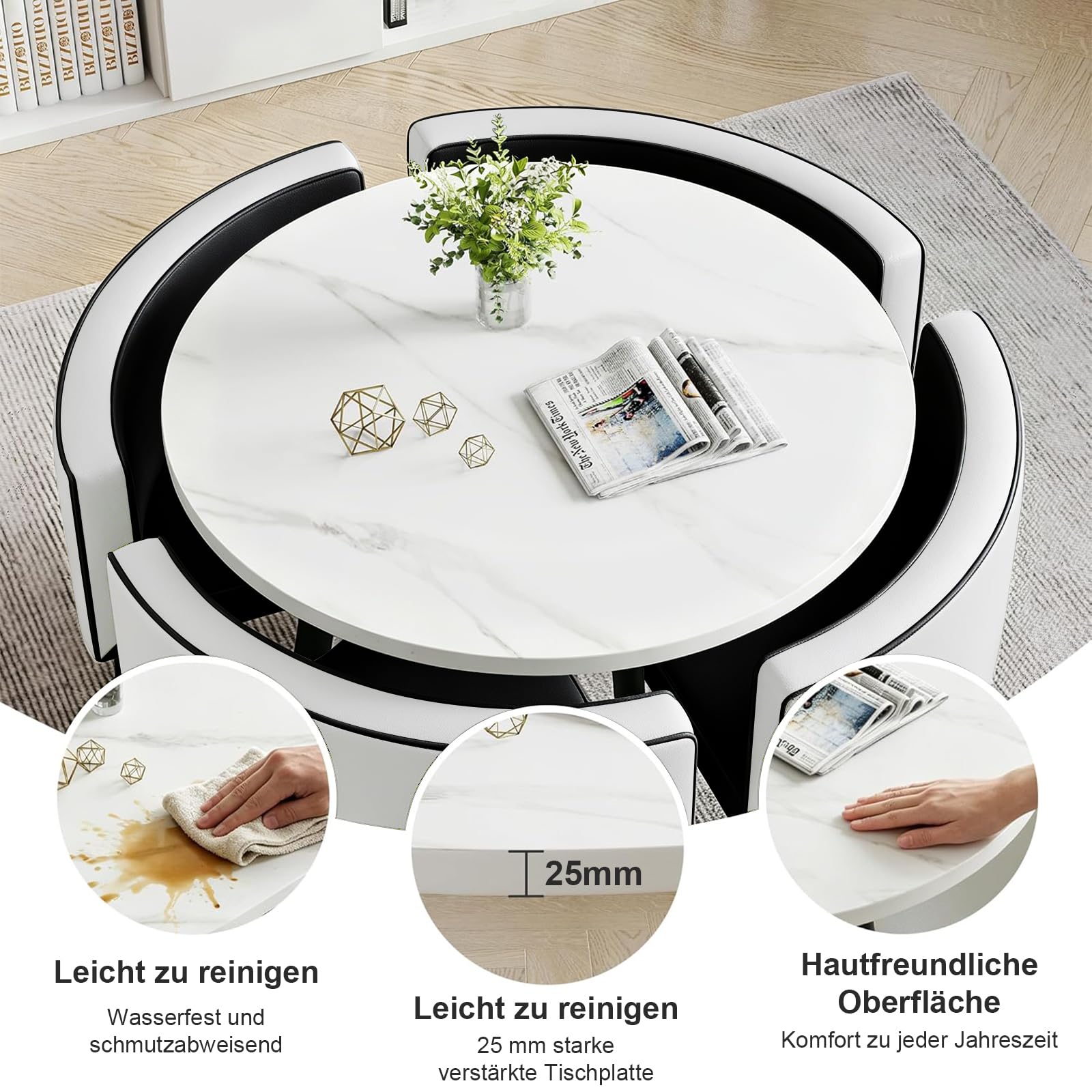Runder Esstisch und Stühle für 4 Personen, MDF-Esstisch mit PU-Leder Gepolsterten Stühlen, Küchetisch Set Sitzgruppe für Küche für Küche, Wohnzimmer, Balkon, Restaurant, Büro (Rund Schwarz-Weiß)