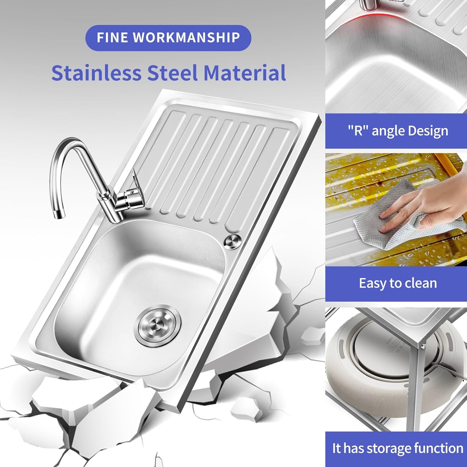 Outdoor Free Standing Sink, Utility Stainless Steel Kitchen Single Bowl Washing Hand Basin Station Sink with Drainboard and Faucet, for Restaurant, Cafe, Bar, Hotel, Garage, Laundry Room