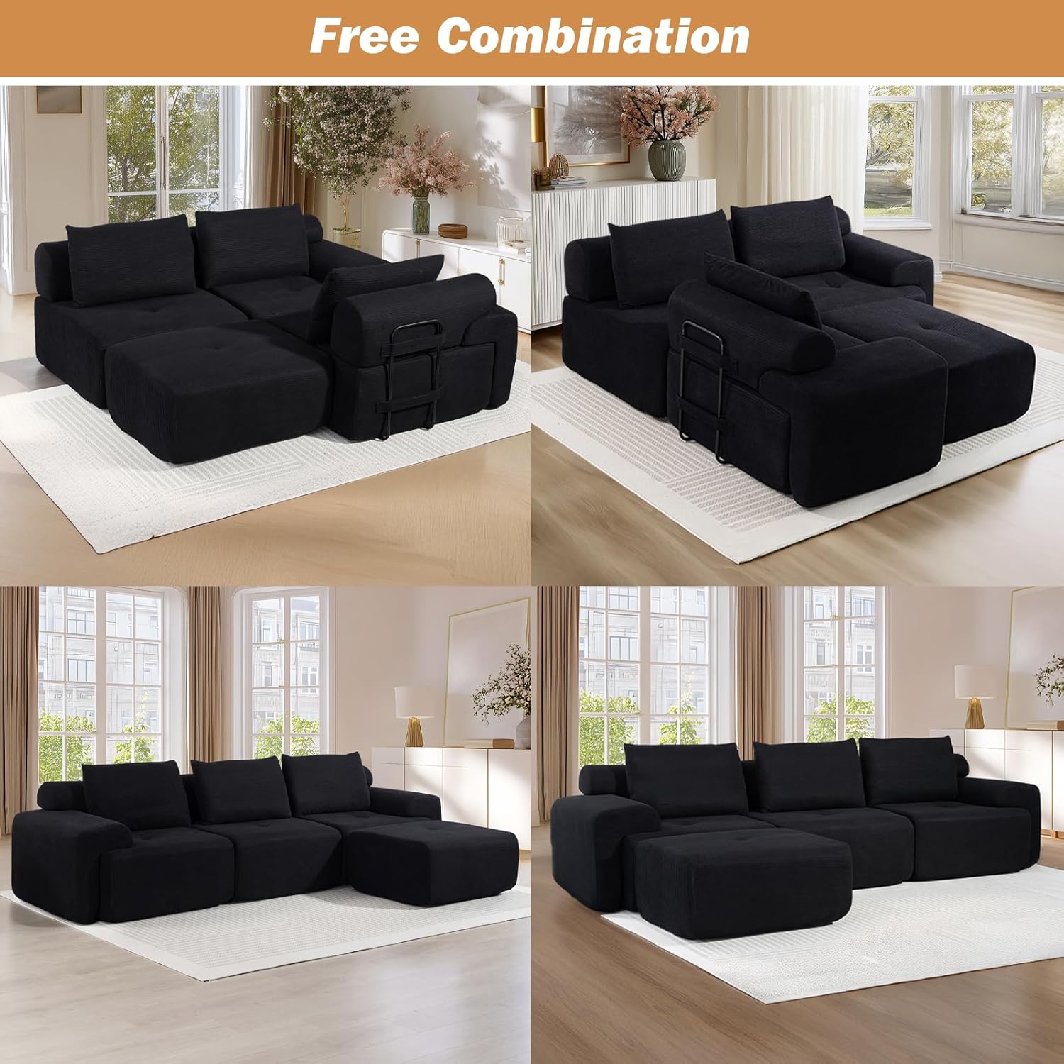 L-Shaped Sectional Sofa Bed with Memory Foam, No-Assembly Convertible Loveseat Couch, Corduroy Fabric Modular Sofa with Steel Frame for Living Room, Apartment, Bedroom, Small Spaces (Black)