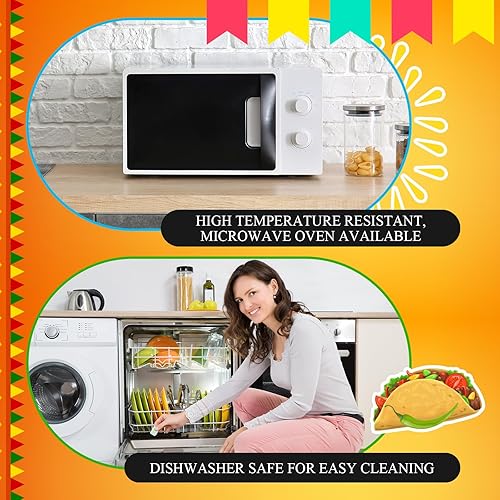 Miniatura 4 de Uiifan 24 soportes de plástico para tacos con divisor, 2 compartimentos, platos coloridos para tacos aptos para microondas, bandeja para tacos,