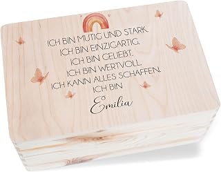 Erinnerungsbox - Motivation - Ich bin mutig und stark | Erinnerungskiste Taufe Holzkiste mit Spruch zum Schulanfang Geschenk Einschulung - 30x20x14 cm - Holz - box für kindererinnerungen