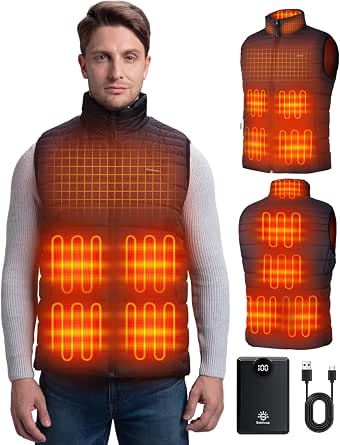 Soleilwear Men's Heated Vest with 12000mAh Battery and 9 Heated Zones