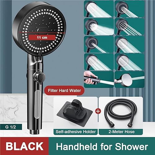 Miniatura 2 de 10 Modes Bathroom Shower Head Handheld High-Pressure Water Saver Showerhead Portable Black Rainfall Nozzl(Black Combo)