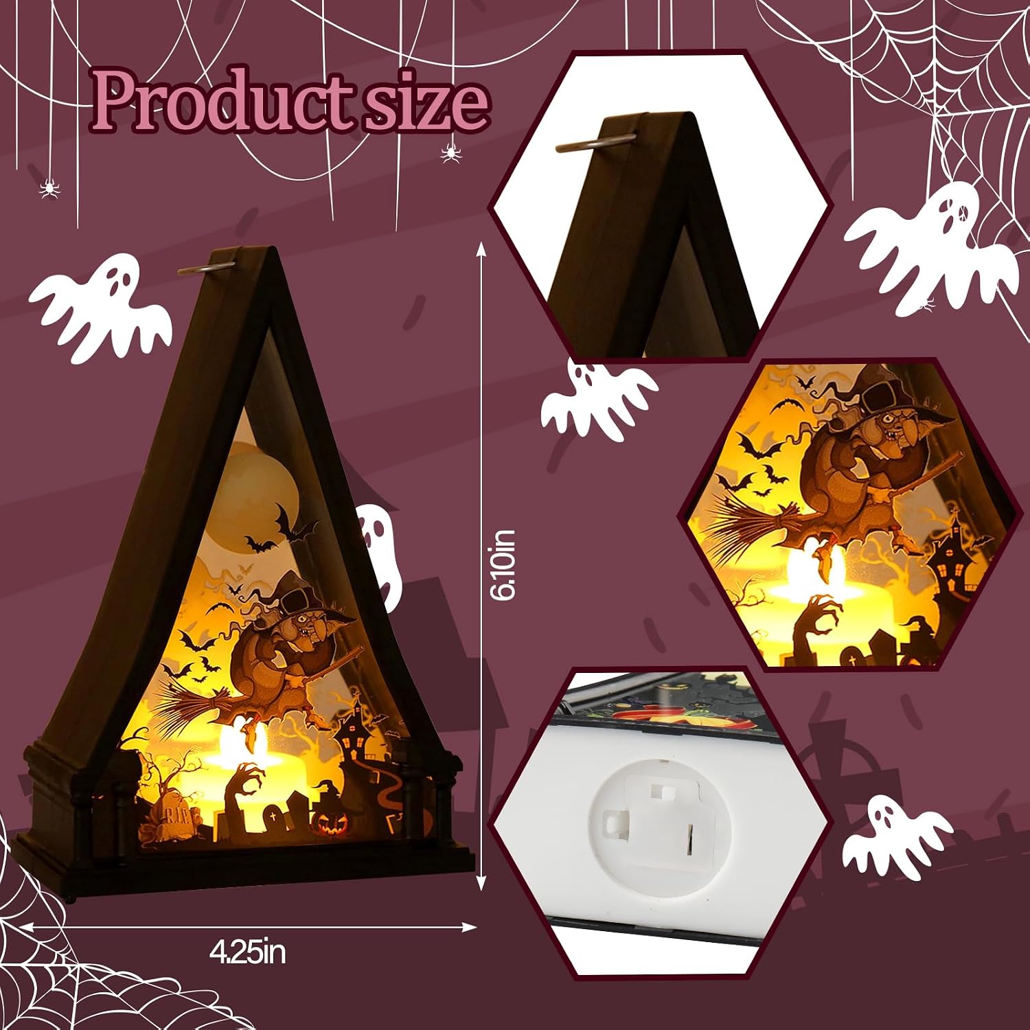 ABTOLS 3pcs Halloween Triangle Lanterns, Black LED Spooky Pumpkin Castle Witch Bat Tree Candle Lights for Indoor Outdoor Decor