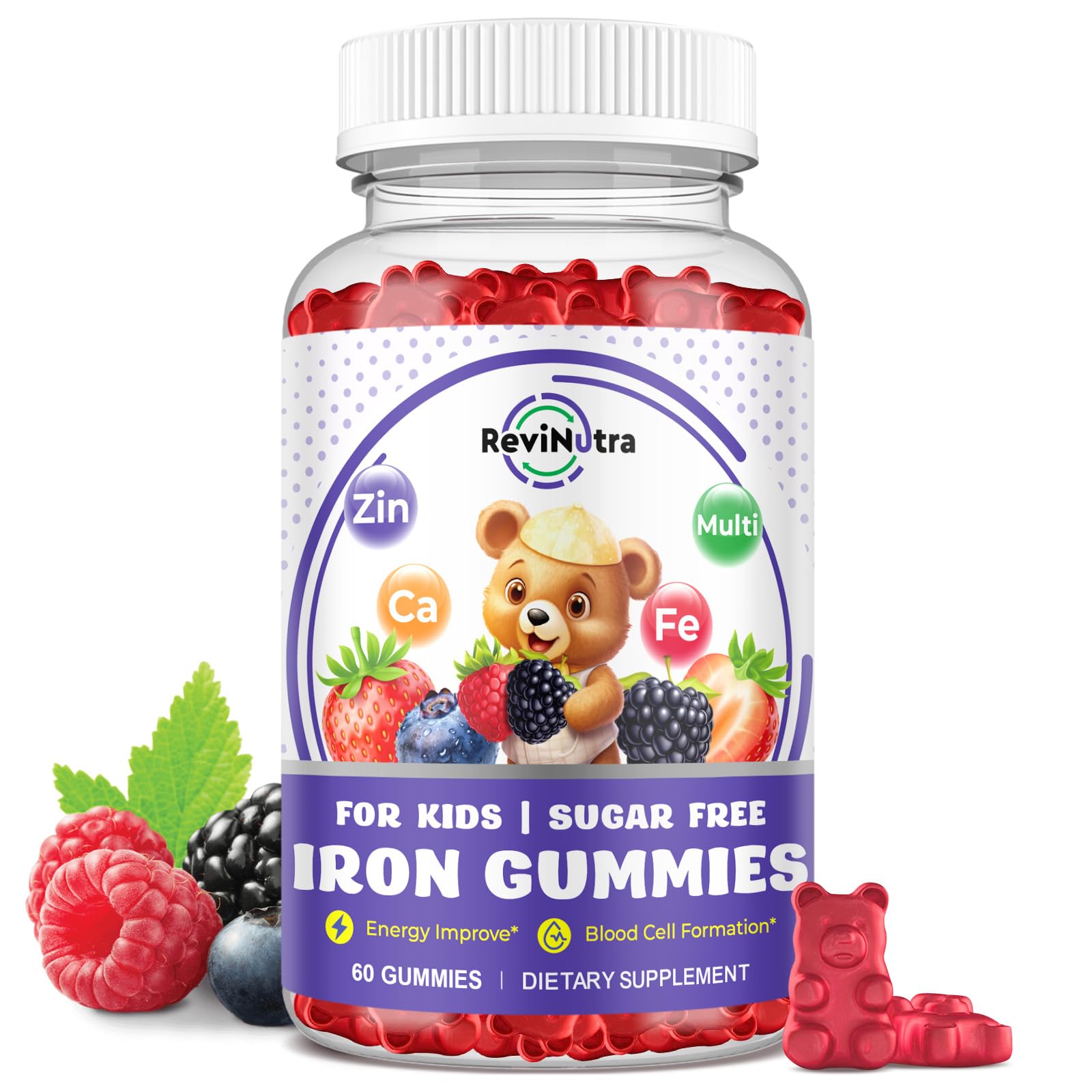 Iron Supplement Gummies for Kids - with Calcium, Zinc, Kids Multivitamin with Iron Gummies - Immune Support, Blood Builder & Energy Support for Iron Deficiency, Anemia, Mixed Berry Flavor, 60 Gummies Mixed Berry 60 Count (Pack of 1)