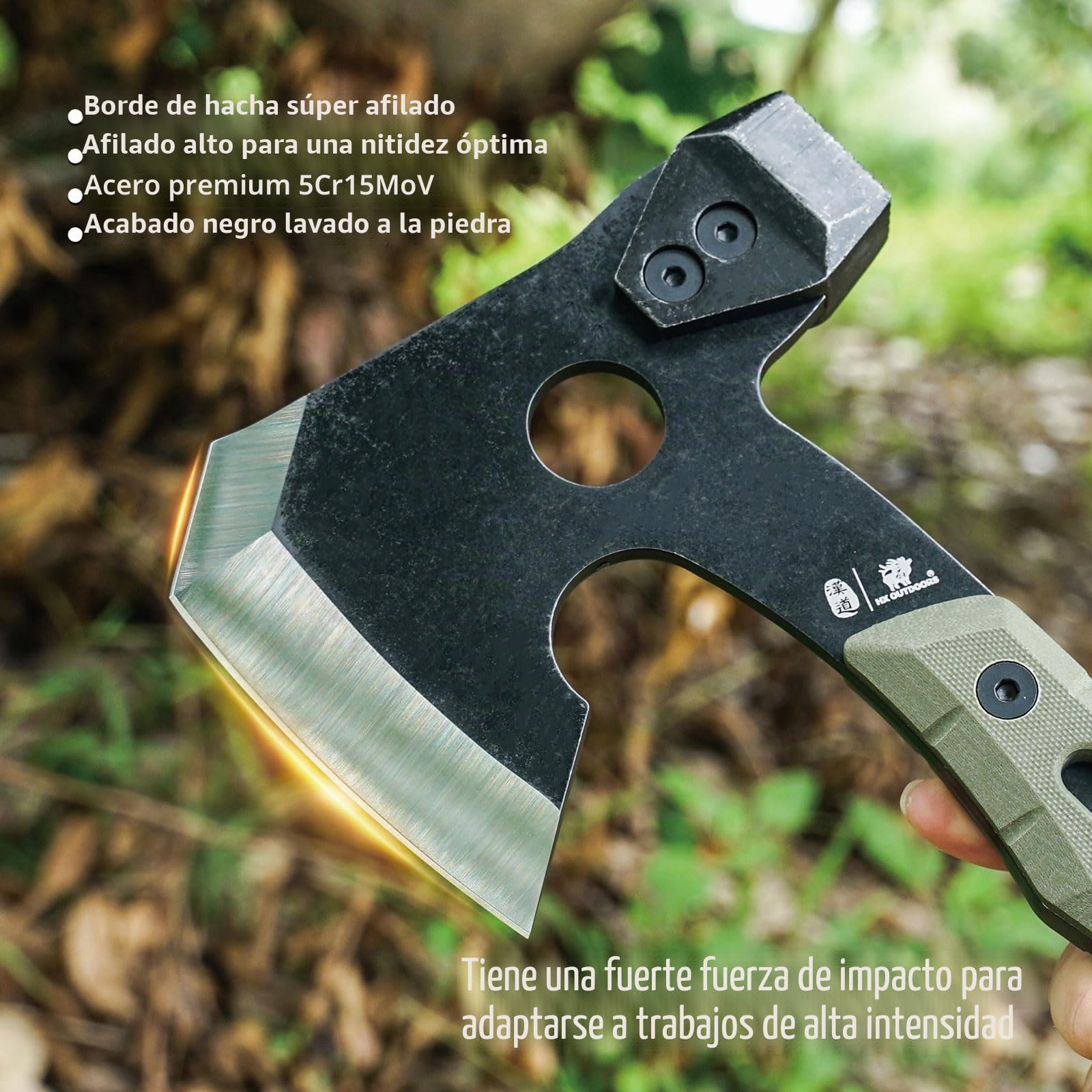 HX OUTDOORS Hacha de Partido Multifuncional, Hacha Táctica de Supervivencia y Campismo de Tanga Completa，Hachas de Mano para Campismo y Bushcraft con Martillo y Sacacorchos (Verde Militar)