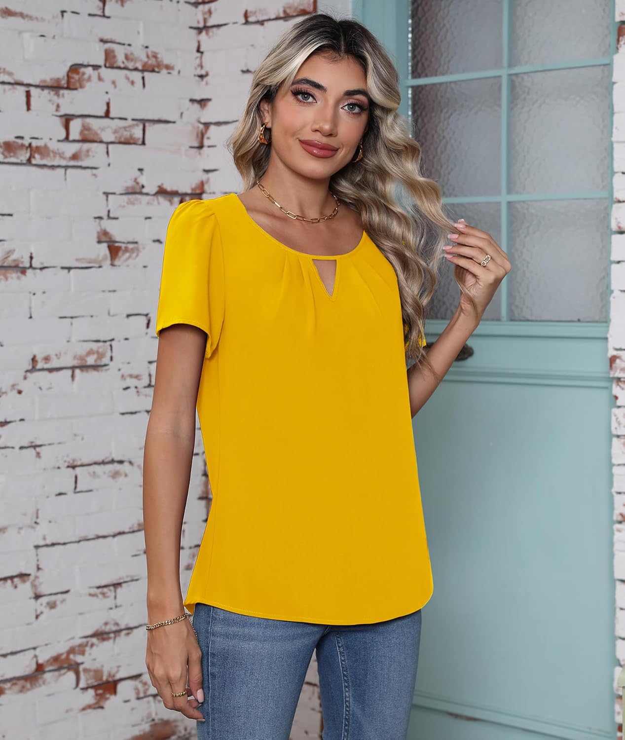 CZYINXIAN Women's Summer Casual Short Sleeve Blouse Dressy Round Neck Business Chiffon Top Shirt - Image 2