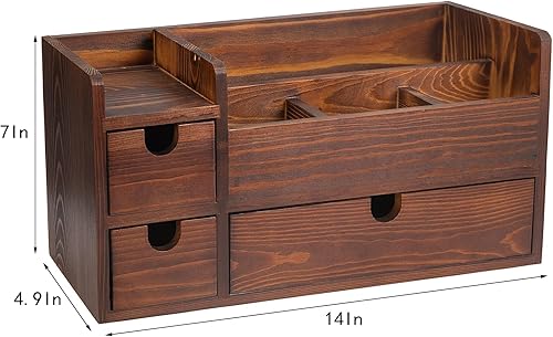 Miniatura 2 de Organizador de escritorio de madera marrón rústico, cajones extraíbles, suministros de oficina, gabinete de almacenamiento de madera con antorcha,