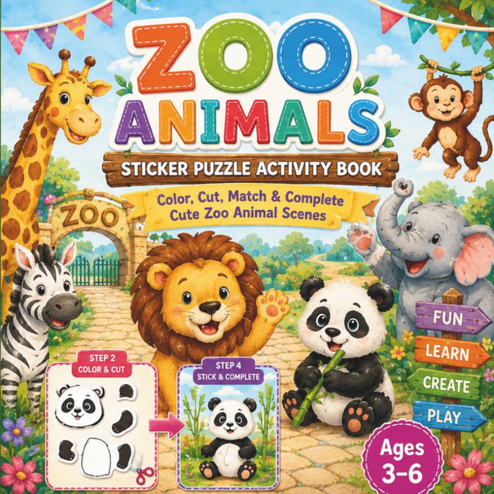 Sticker Book Zoo Animals Puzzle Activity Book for Kids Ages 3-6: Color, match & stick and bring each adorable zoo animal to life VOL 1 — one puzzle at a time!