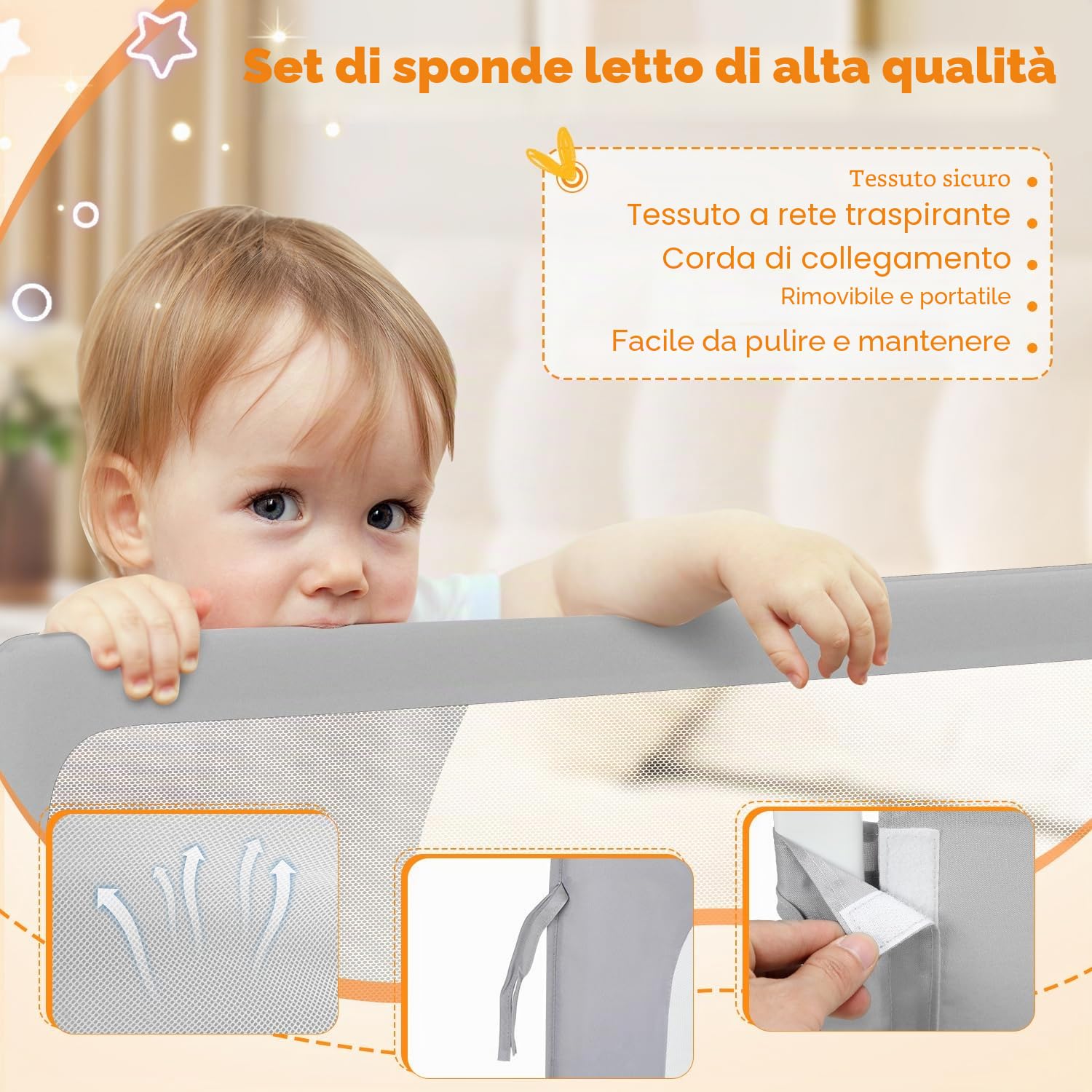 Protezione contro le cadute per letto, protezione per letto Boxspring, griglia di protezione per letto regolabile in altezza 72-86 cm, pieghevole a 180 gradi (Grigio, 150 cm, 1 lato)