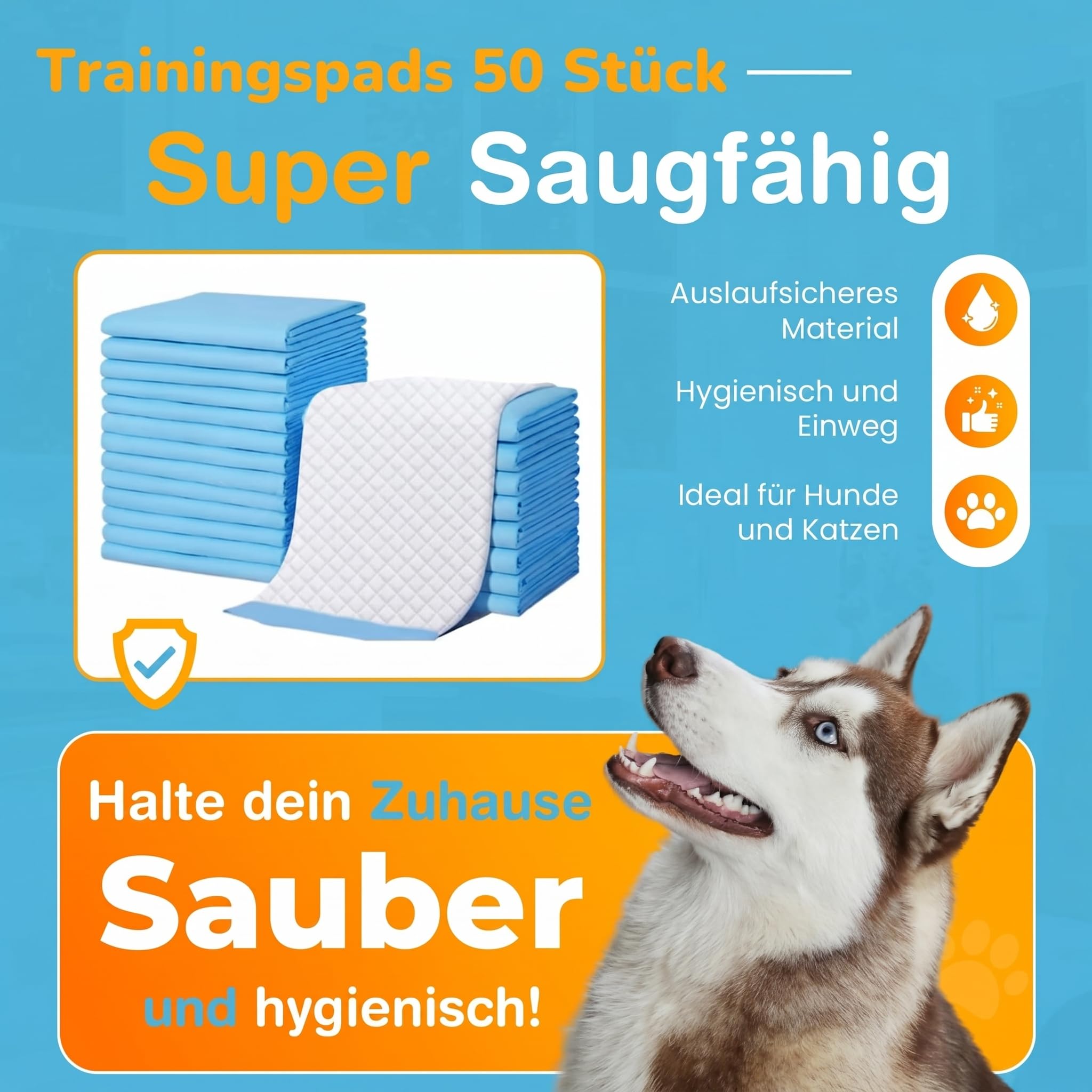 Welpenunterlagen 60x90 cm, Trainingspads für Hunde, 50 Stück, Auslaufsicher und Strapazierfähig mit Schnell Trocknender Oberfläche, PIPI Matten, Blau-Weiß