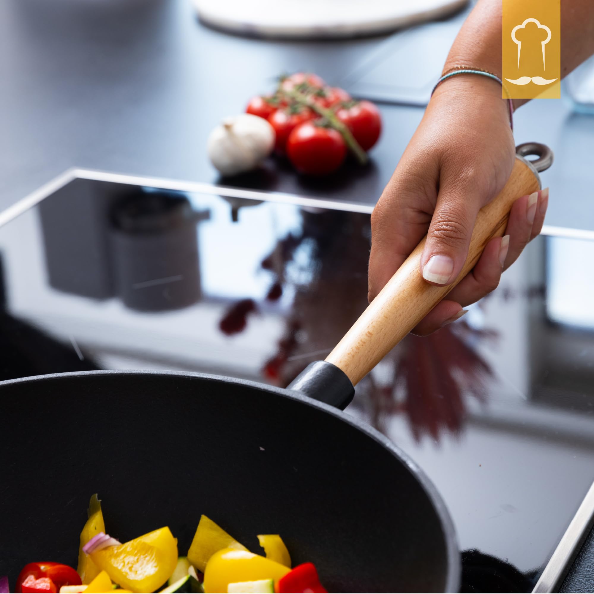 Wok de hierro fundido con revestimiento esmaltado, sartén antiadherente con mango de madera desmontable, utensilios de cocina, sartén de hierro fundido, wok antiadherente, 28 cm de diámetro