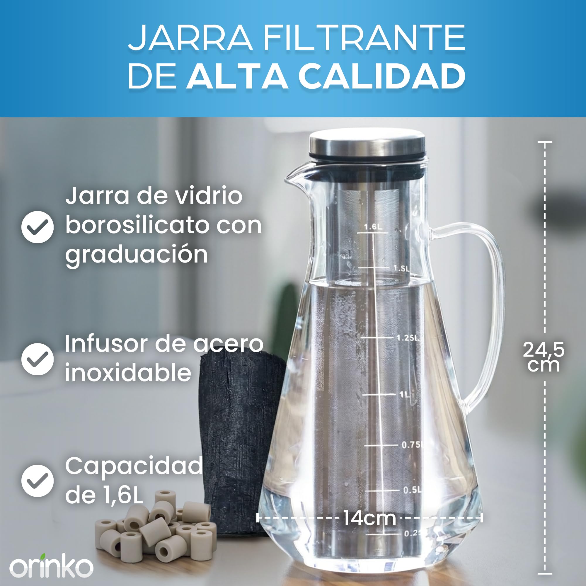 ORINKO® Jarra Cristal con Infusionador 1,6L con Carbón Activado Binchotan y Perlas de Cerámica EM x15 - Filtro Natural para Purificación de Agua - Ideal para Nevera, Café y Bebidas Saludables