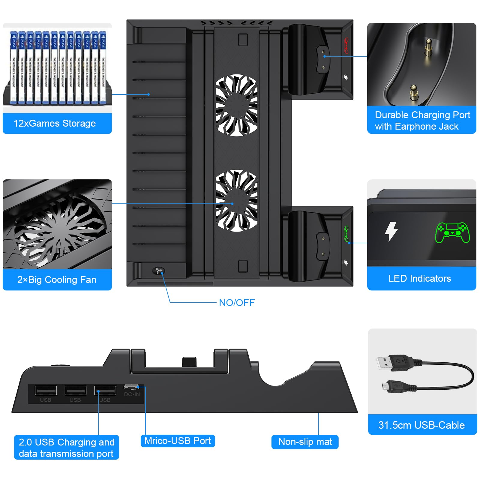 ASUNCELL PS4 Vertikaler Standfuß, PS4 Vertical Stand mit Lüfter PS4 Kühler PS4 Controller Ladestation für PlayStation 4/PS4 Pro/Slim PS4 Halterung mit PS4 Ladestation mit 12 Spiele Lagerung