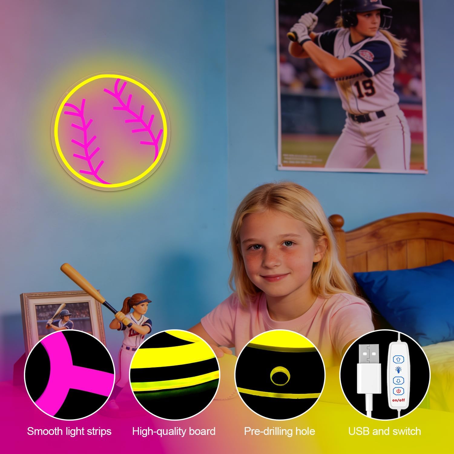 Softball Neon Sign for Wall Decor Dimmable Neon Light Up Sign USB Powered LED Sign for Bedroom Party Softball Gifts for Girls and Players