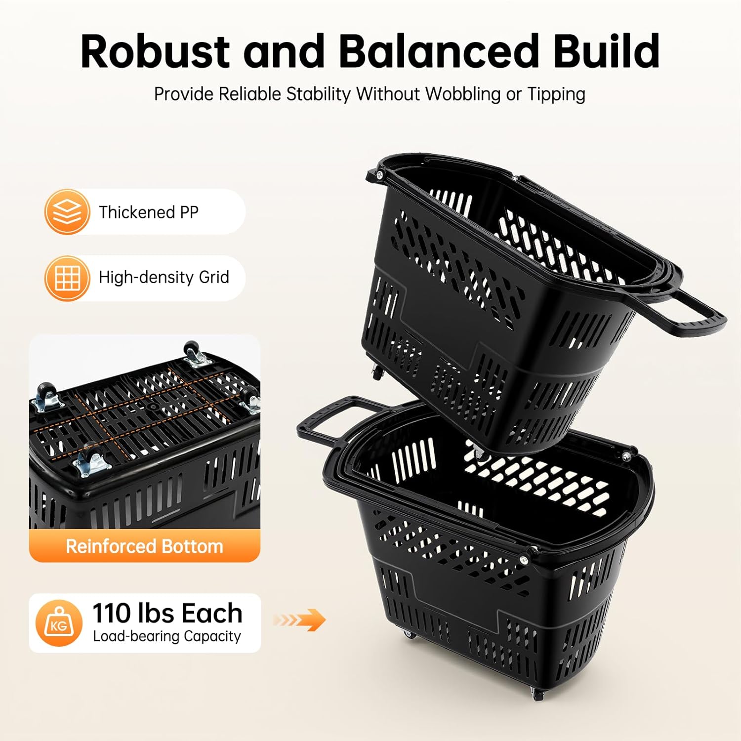 6Pcs Shopping Carts, 35L/9.2Gal Plastic Rolling Shopping Basket with Wheels Portable Shopping Basket Set with Handles Shopping Basket for Bookstores Supermarkets (Black)