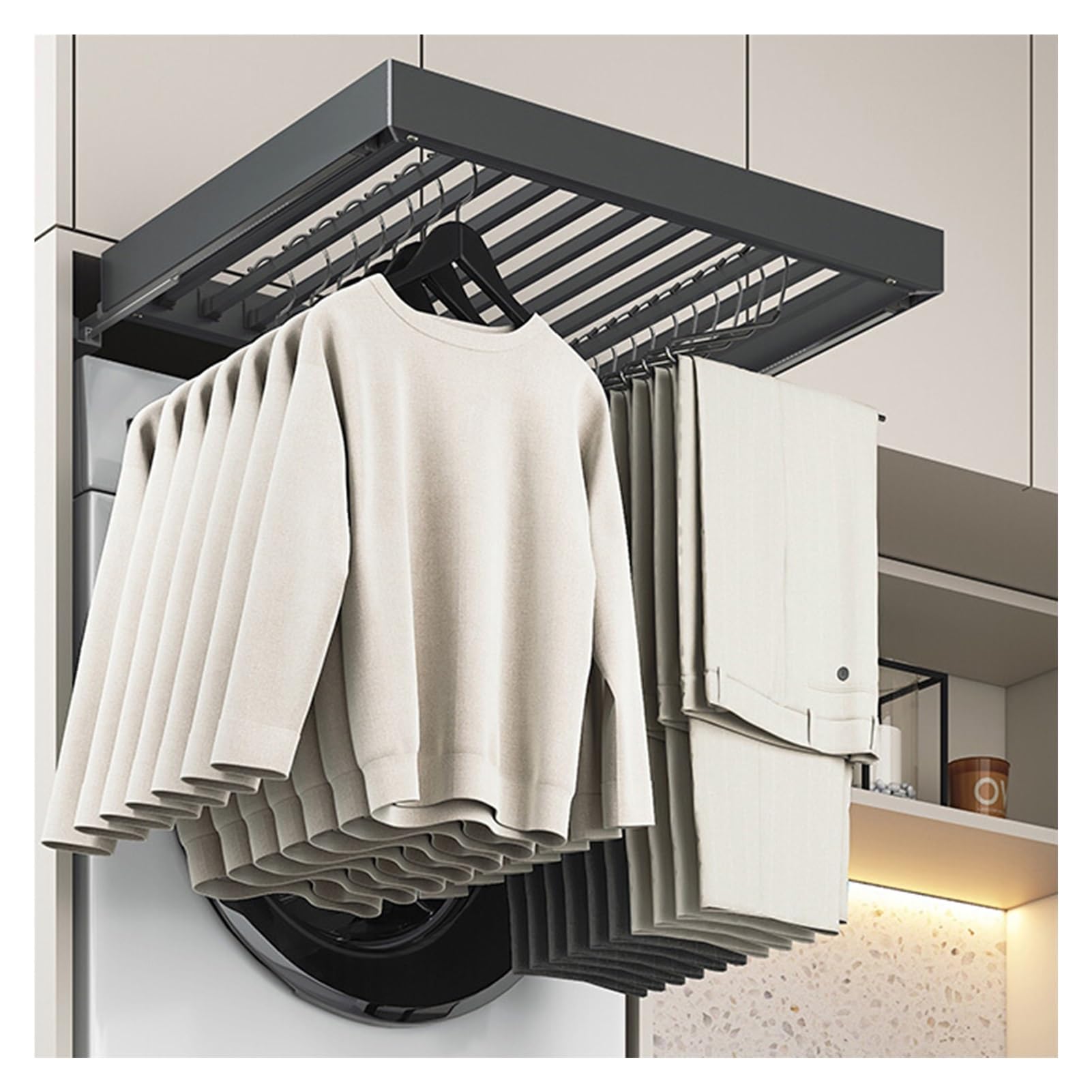 OLSKFUH Pull-Out Trouser Rack Removable Pull-Out Rack Wardrobe Storage Expandable Space Saving Drawer-Style Hanger Rod Rolling Trolley,Space-Saving Aluminum Alloy Pull-Out Pants,Grey-764-814mm