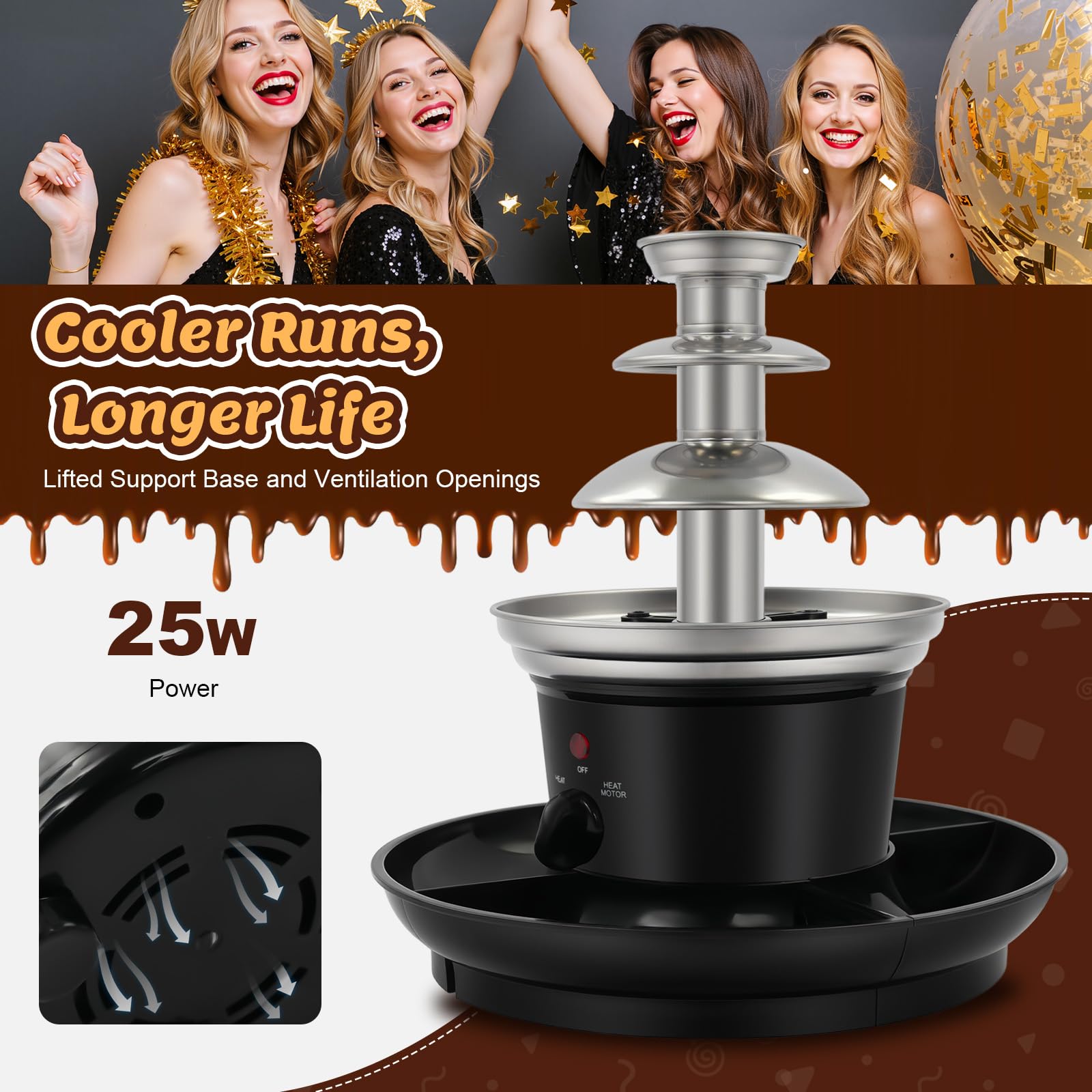Fontana di Cioccolato Elettrico, Macchina per Fonduta Cascata 3 Livelli, Inox 430, Riscaldamento Continuo Capacità 0,45 kg, Ideale Frutta Marshmallow Biscotti, Serata Compleanno Matrimonio, 26 x 27 cm
